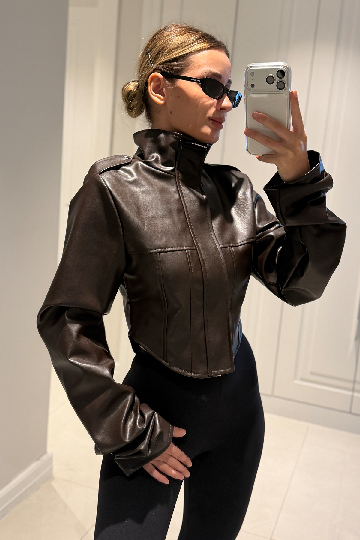 Rebecca Acı Kahve Crop Deri Ceket