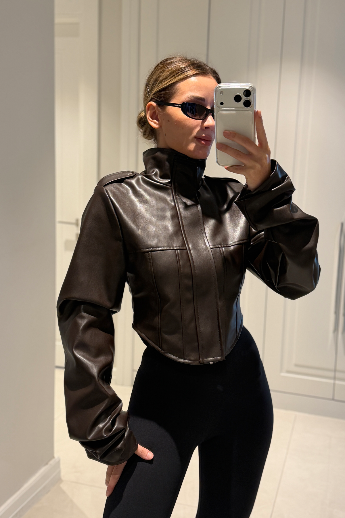 Rebecca Acı Kahve Crop Deri Ceket