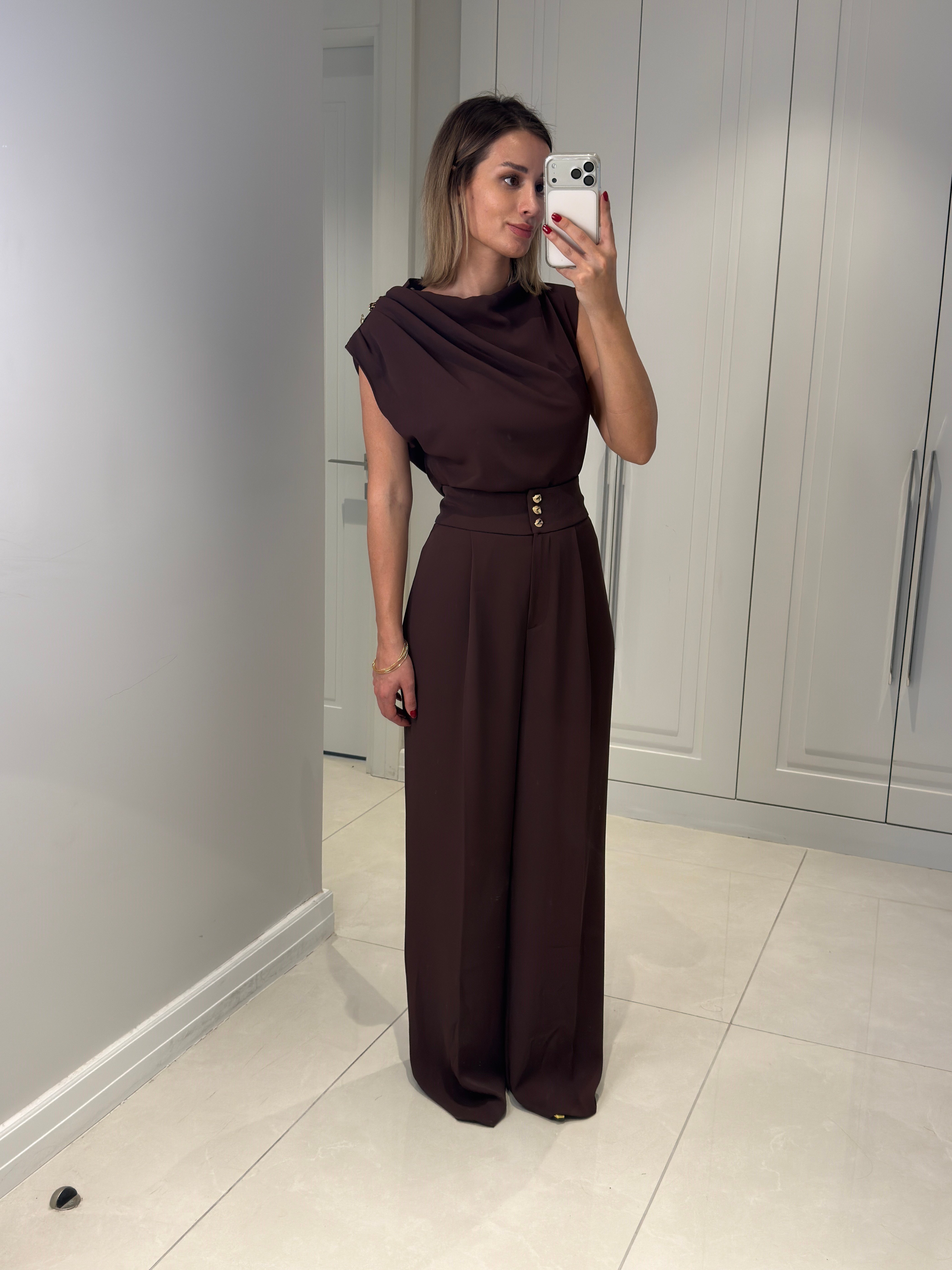 Talia Acı Kahve Düğme Detaylı Pantolon Bluz Takım