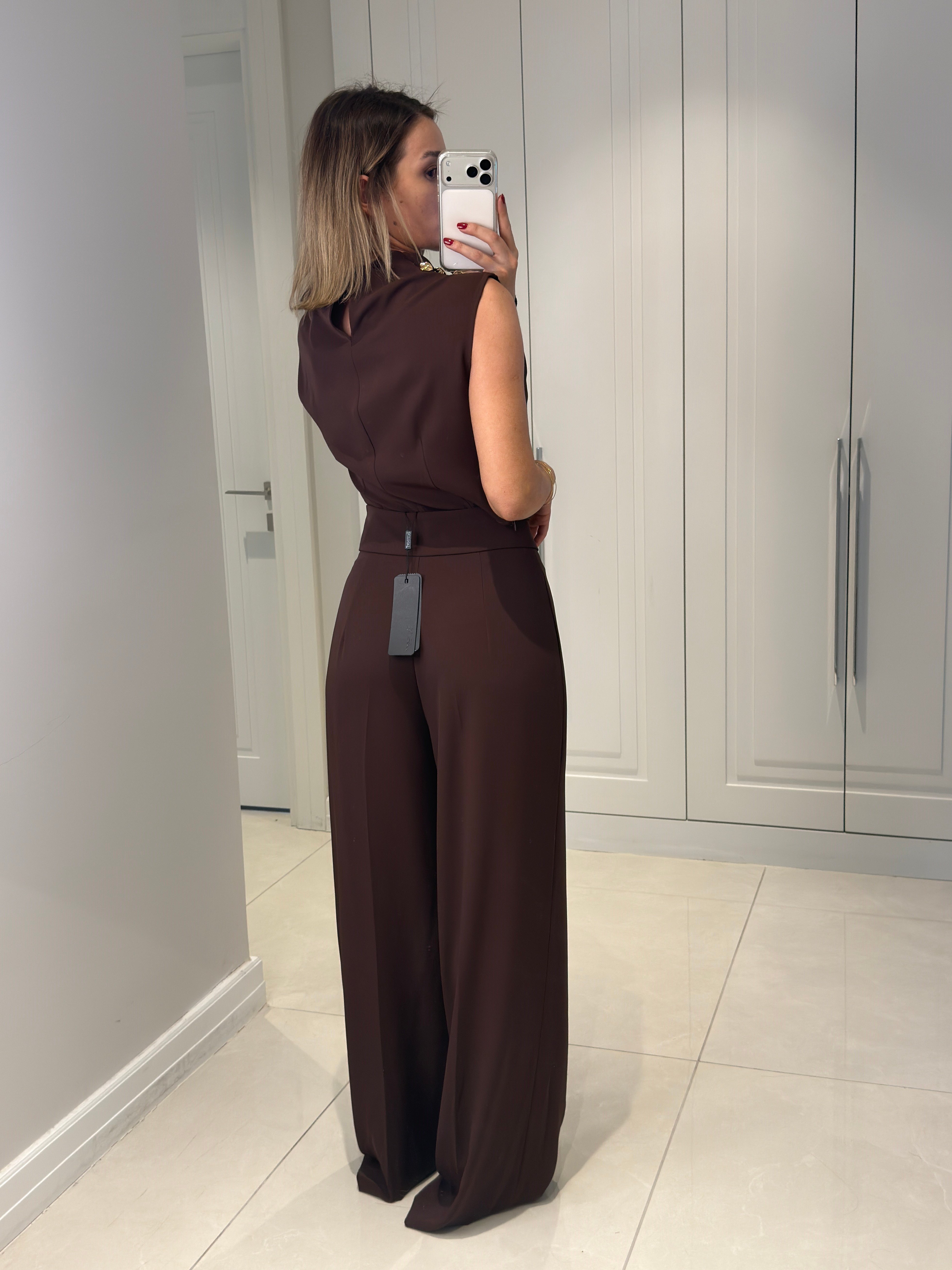 Talia Acı Kahve Düğme Detaylı Pantolon Bluz Takım