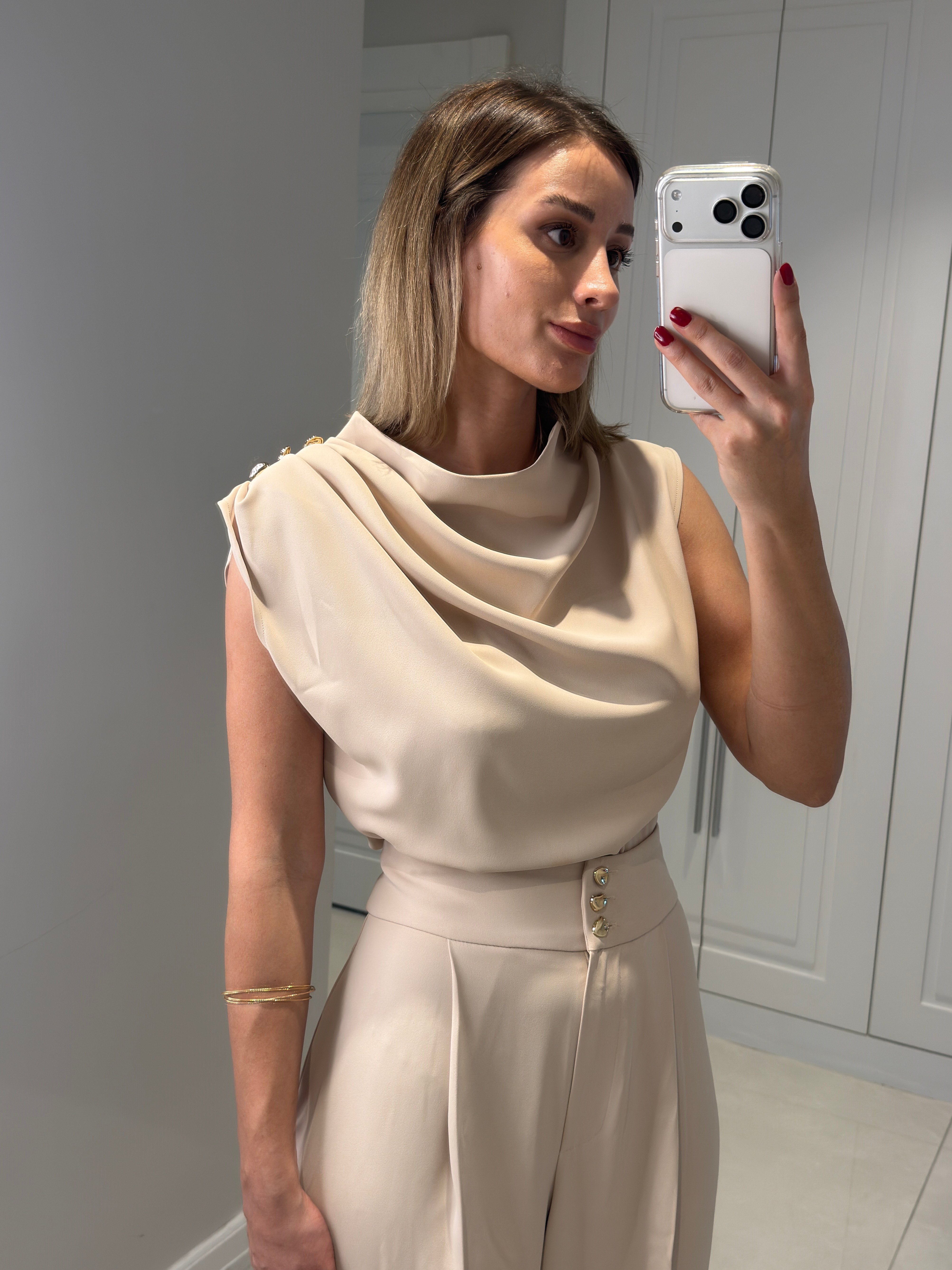 Talia Bej Düğme Detaylı Pantolon Bluz Takım