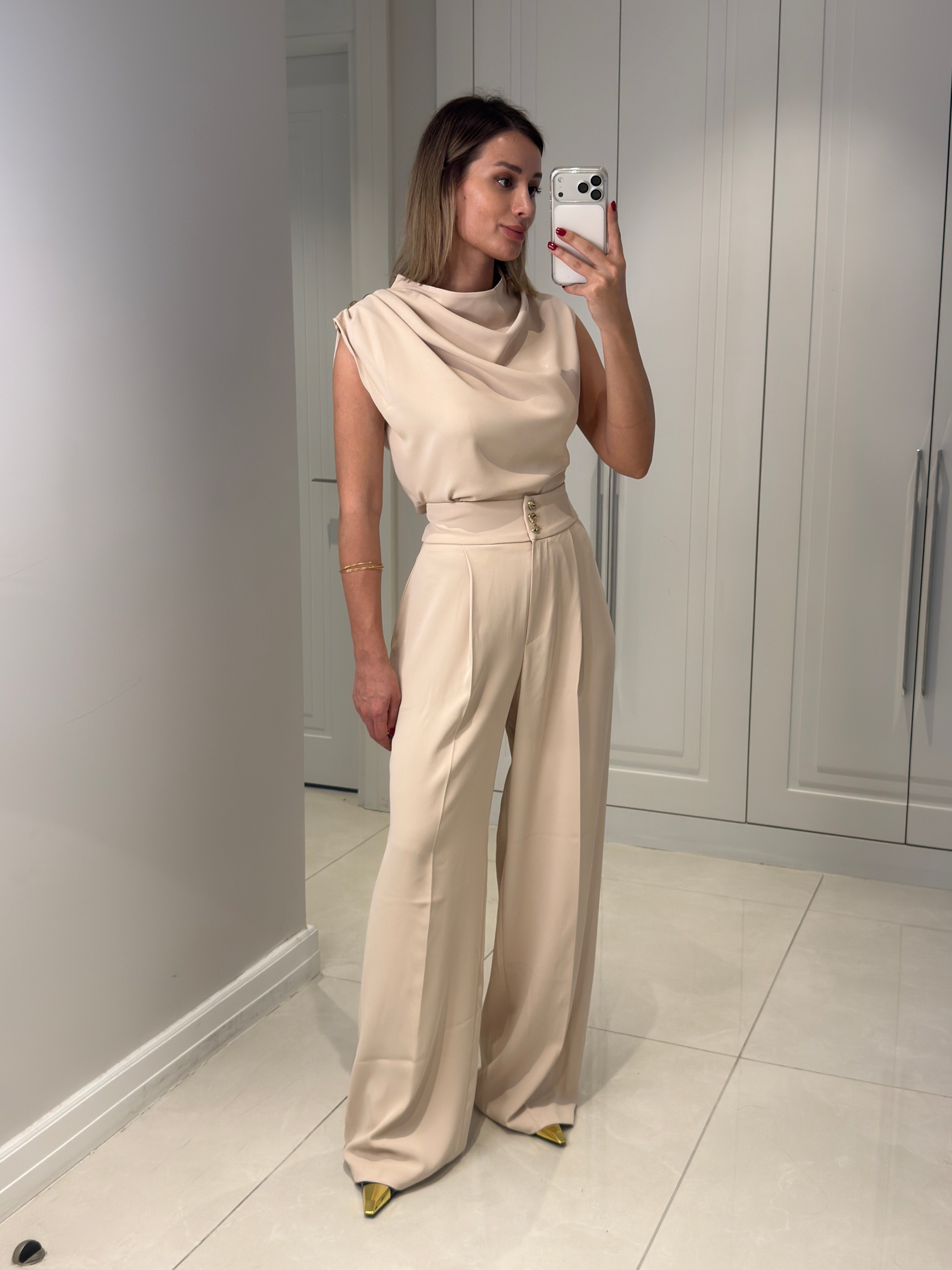 Talia Bej Düğme Detaylı Pantolon Bluz Takım