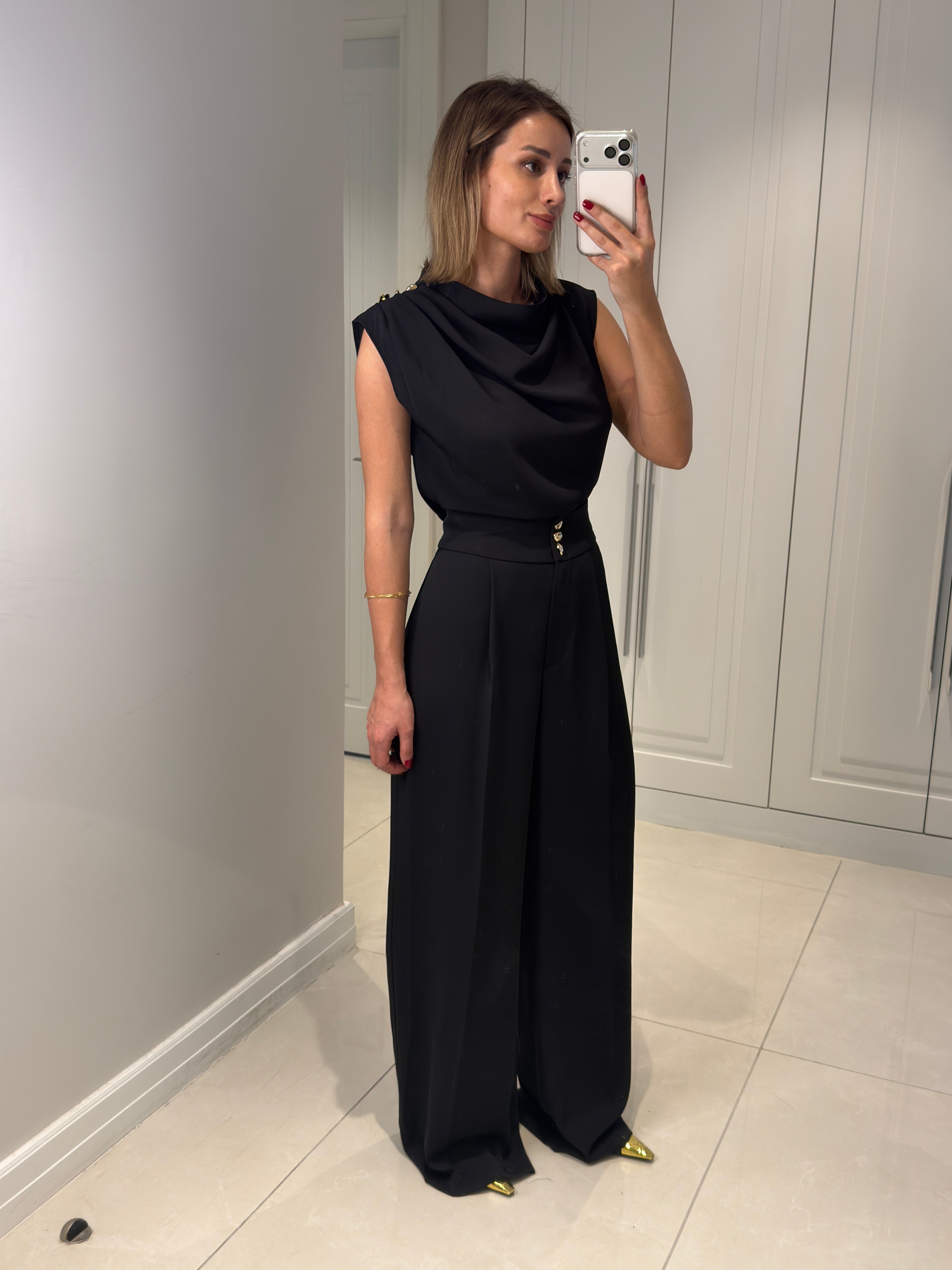 Talia Siyah Düğme Detaylı Pantolon Bluz Takım