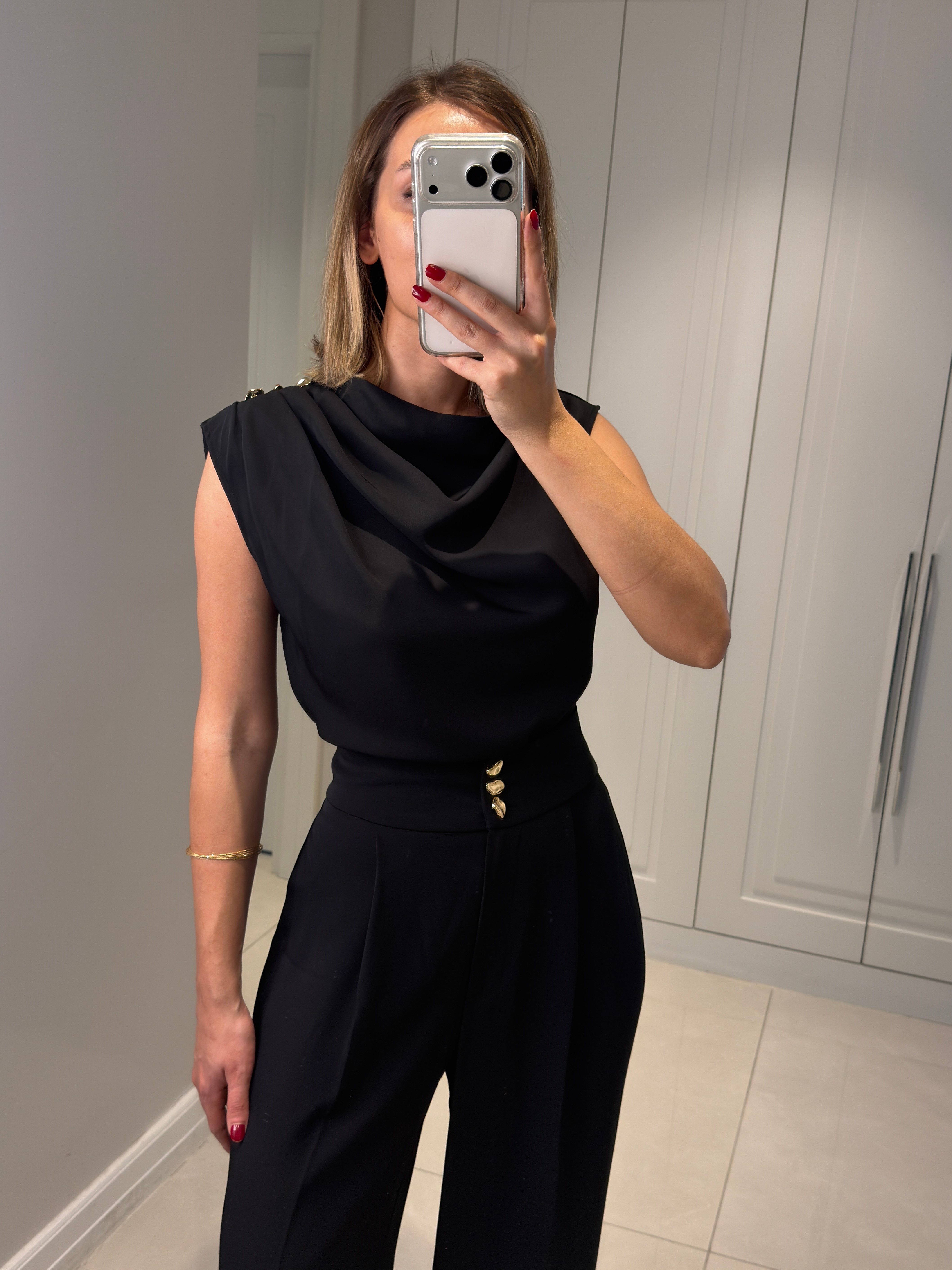 Talia Siyah Düğme Detaylı Pantolon Bluz Takım