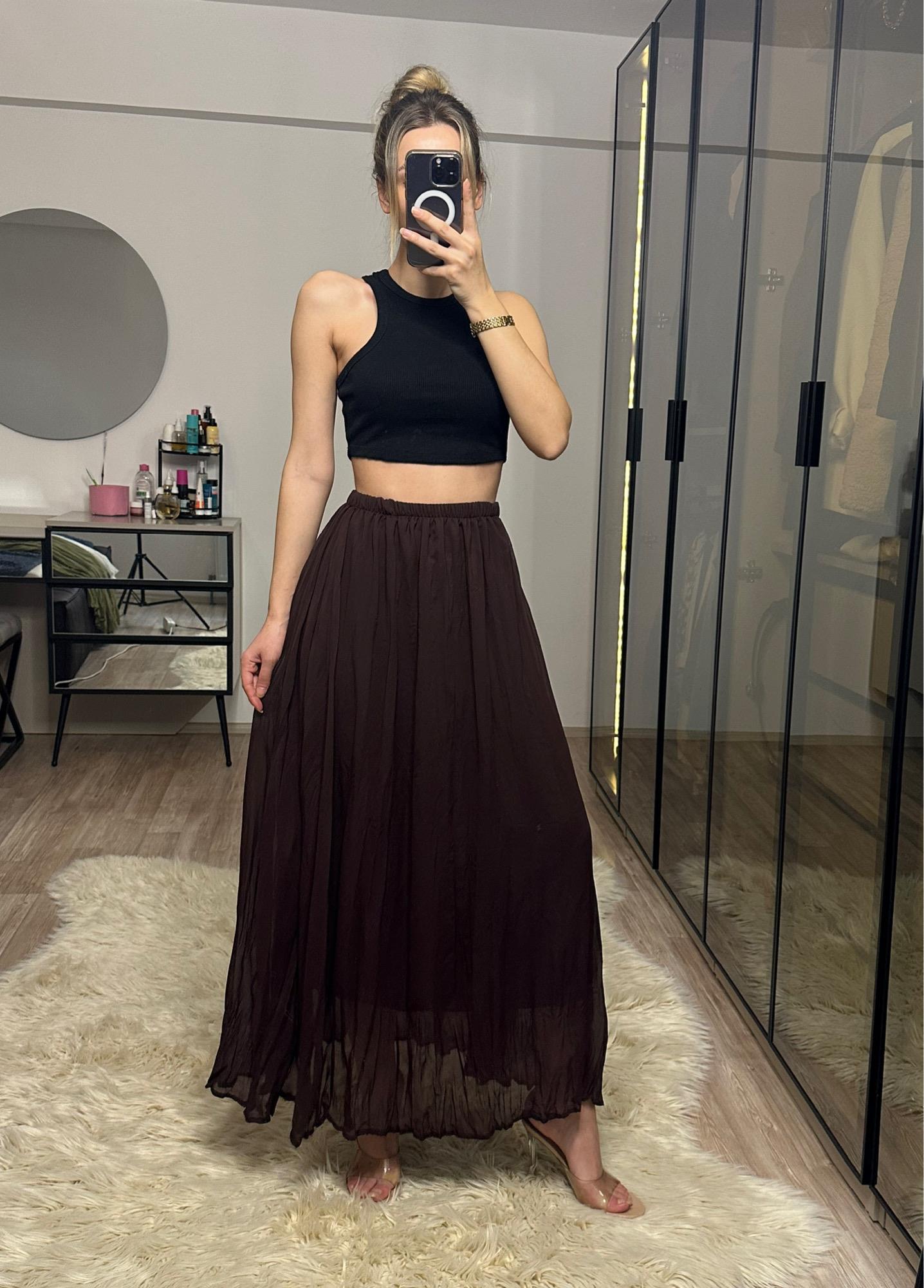 Teresa Acı Kahve Astarlı Maxi Tül Etek