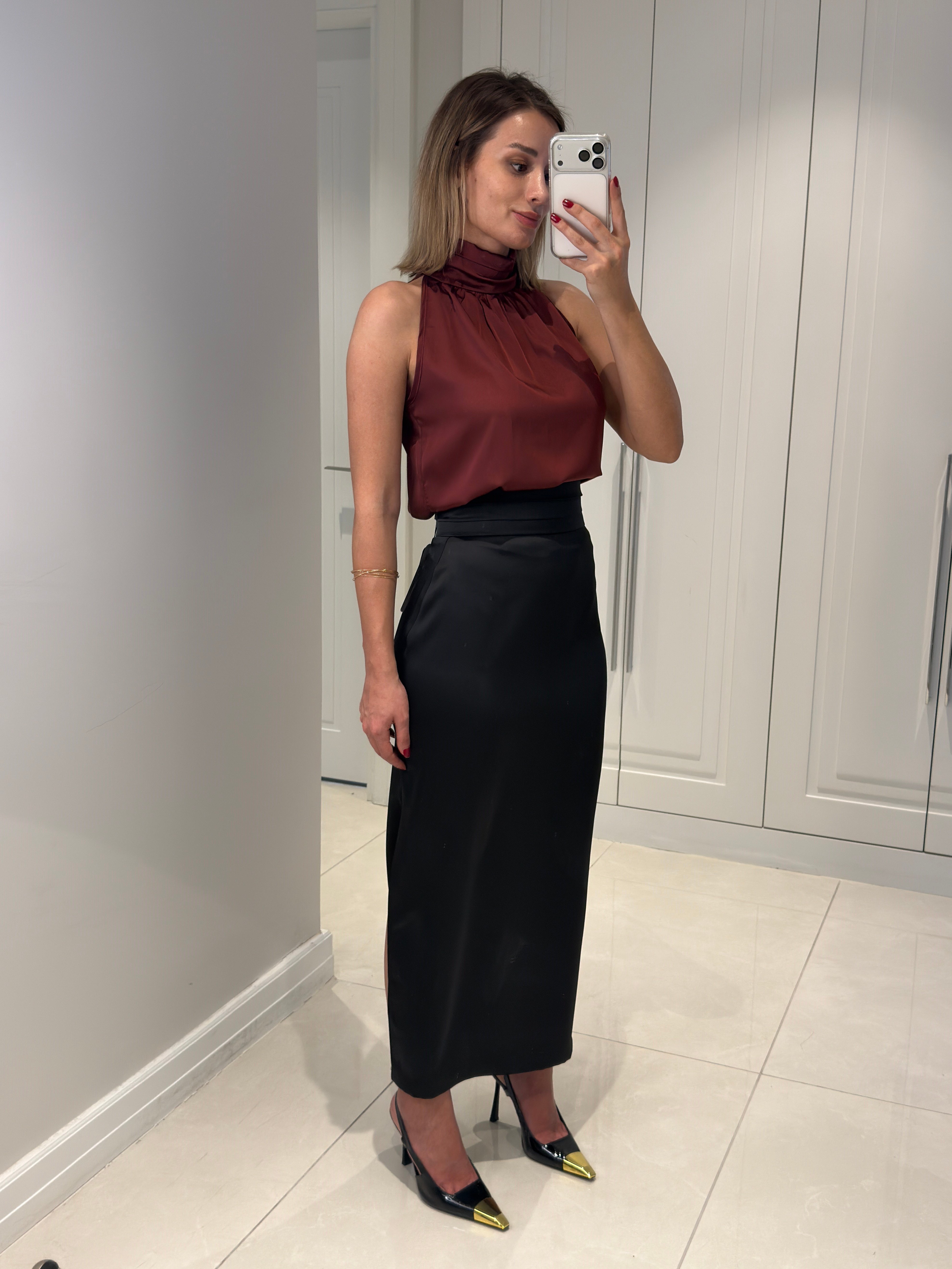 Tilda Siyah Bel Pile Detaylı Saten Etek