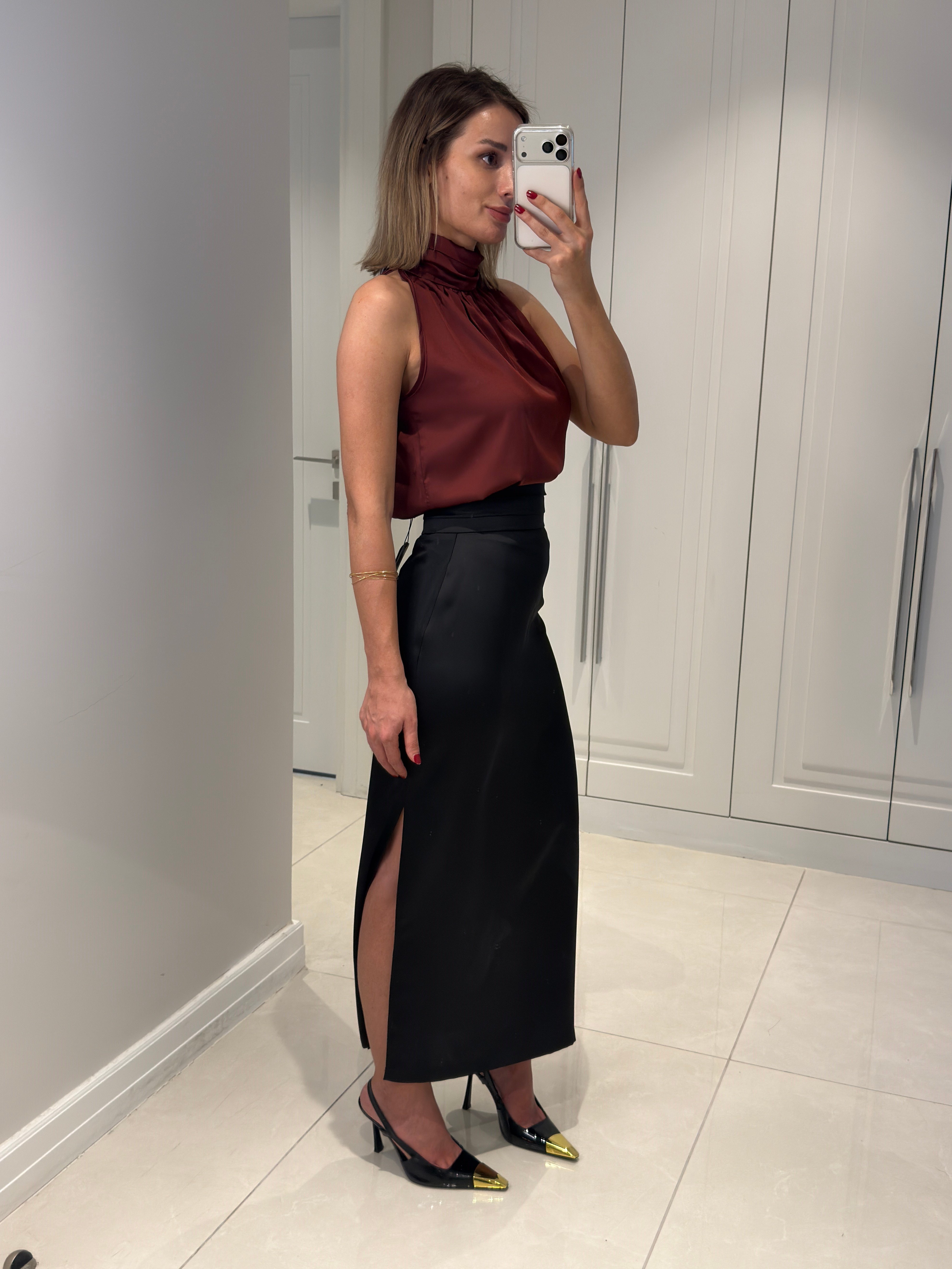 Tilda Siyah Bel Pile Detaylı Saten Etek