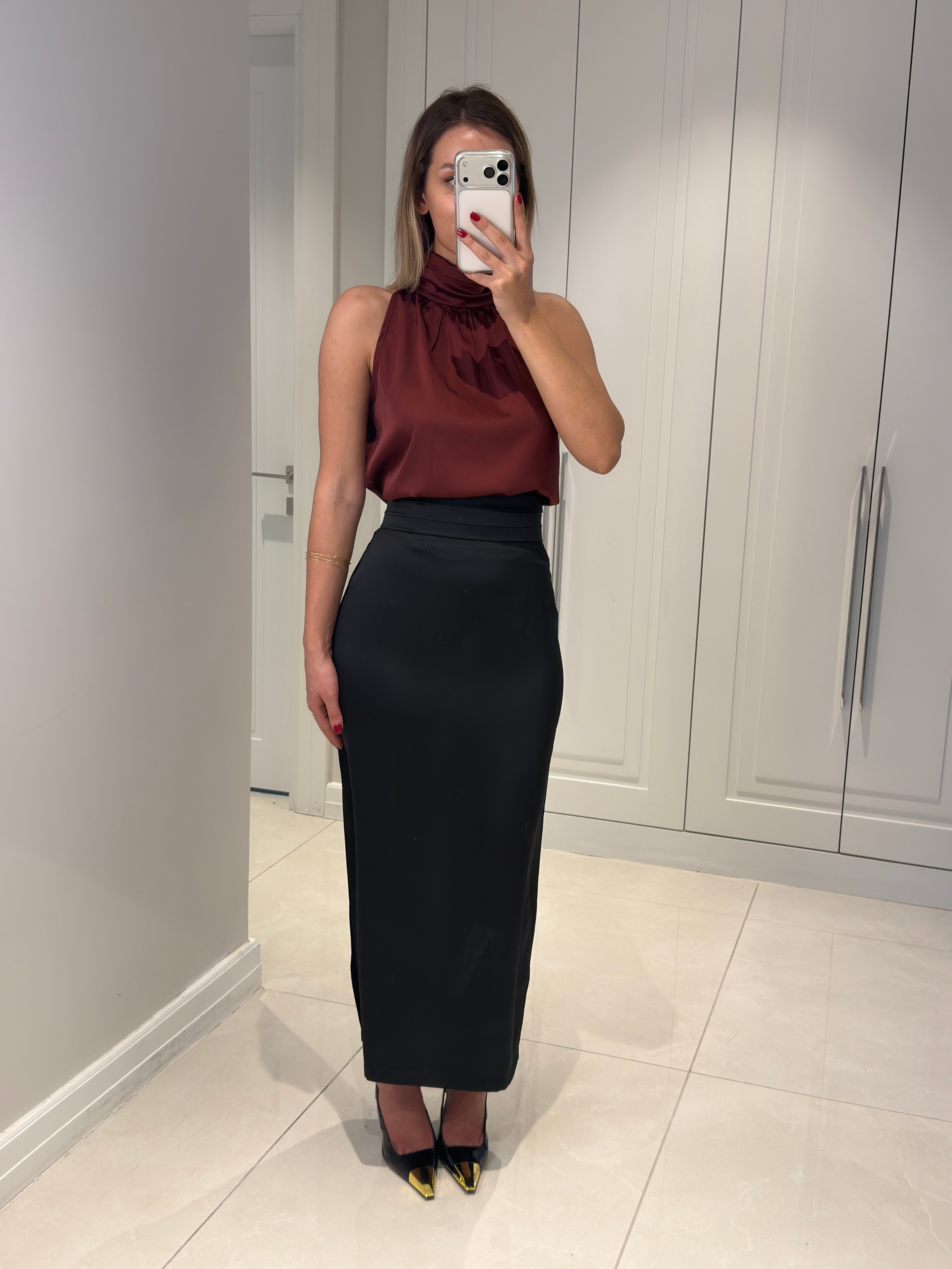Tilda Siyah Bel Pile Detaylı Saten Etek
