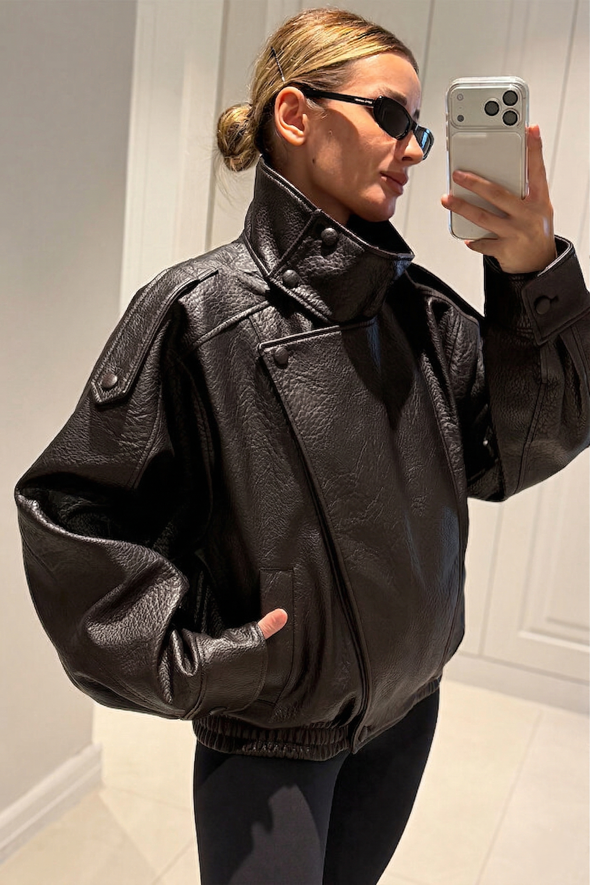 YSL Viral Oversize Dik Yaka Acı Kahve Deri Ceket