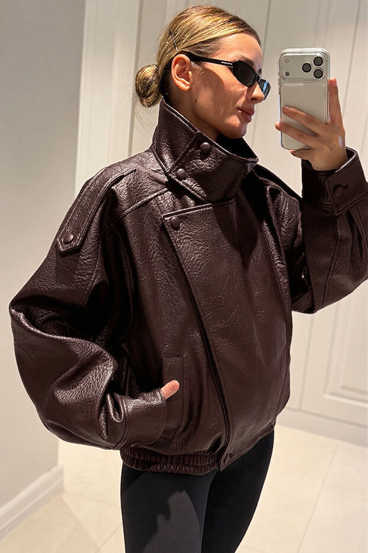 YSL Viral Oversize Dik Yaka Bordo Deri Ceket