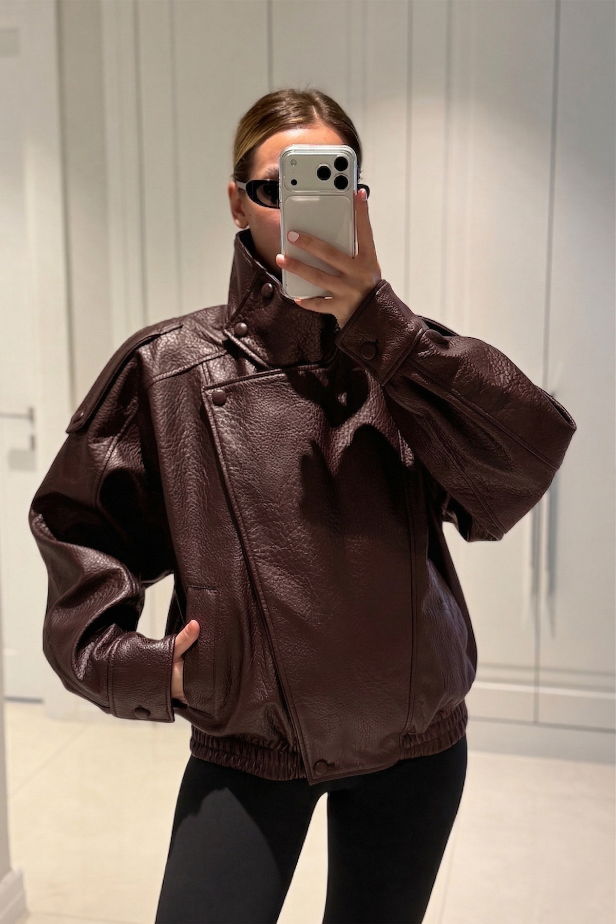 YSL Viral Oversize Dik Yaka Bordo Deri Ceket
