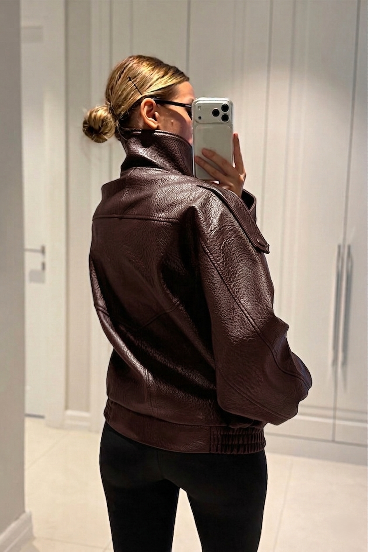 YSL Viral Oversize Dik Yaka Bordo Deri Ceket