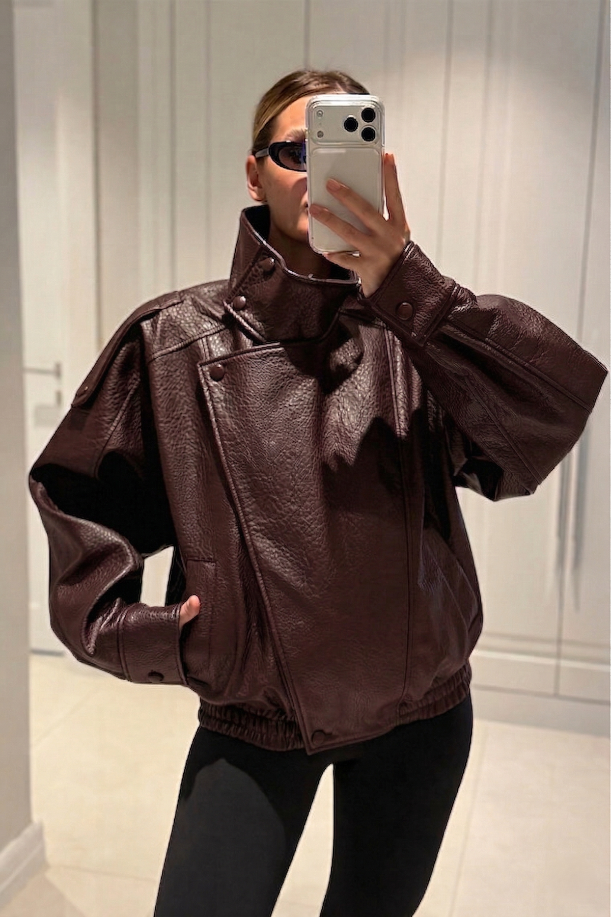 YSL Viral Oversize Dik Yaka Bordo Deri Ceket