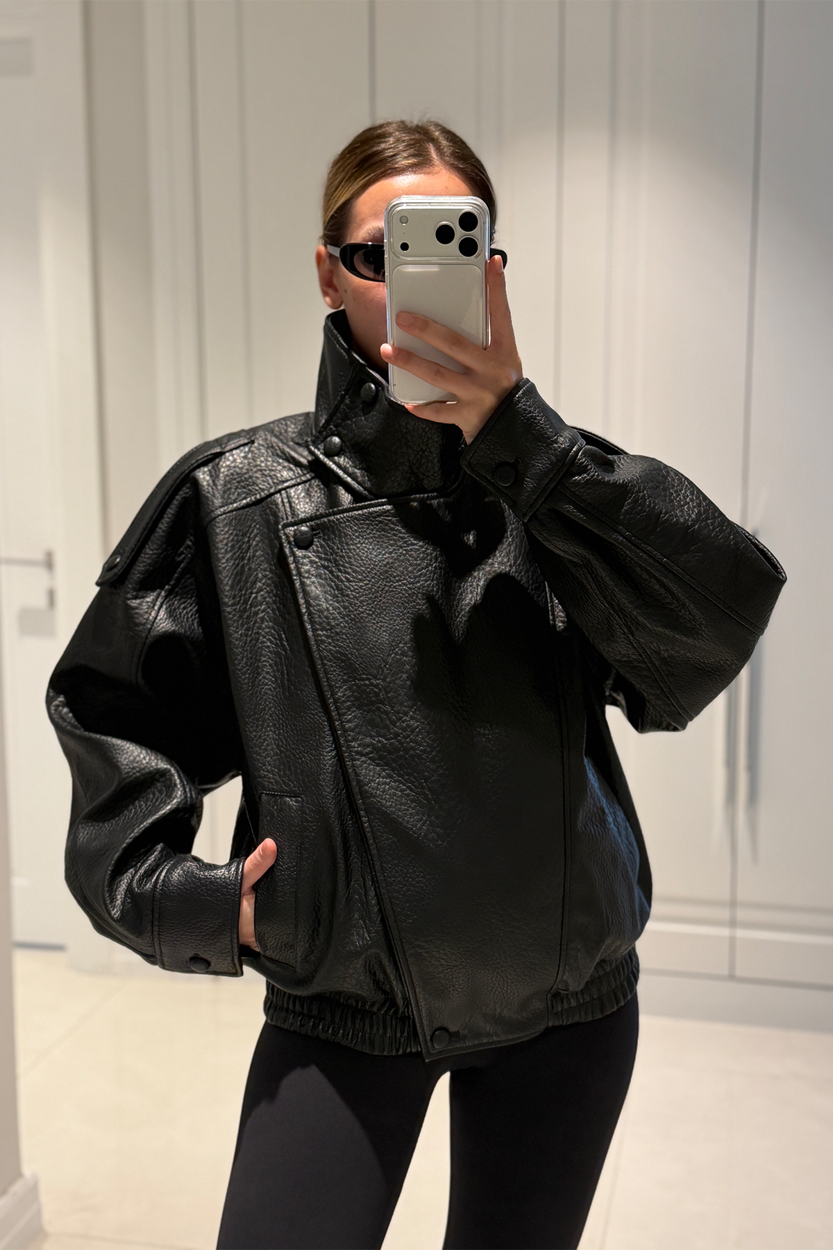 YSL Viral Oversize Dik Yaka Siyah Deri Ceket