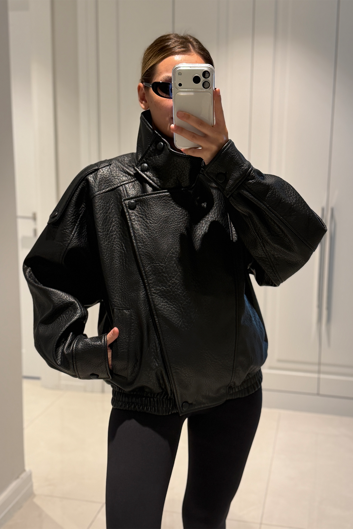 YSL Viral Oversize Dik Yaka Siyah Deri Ceket