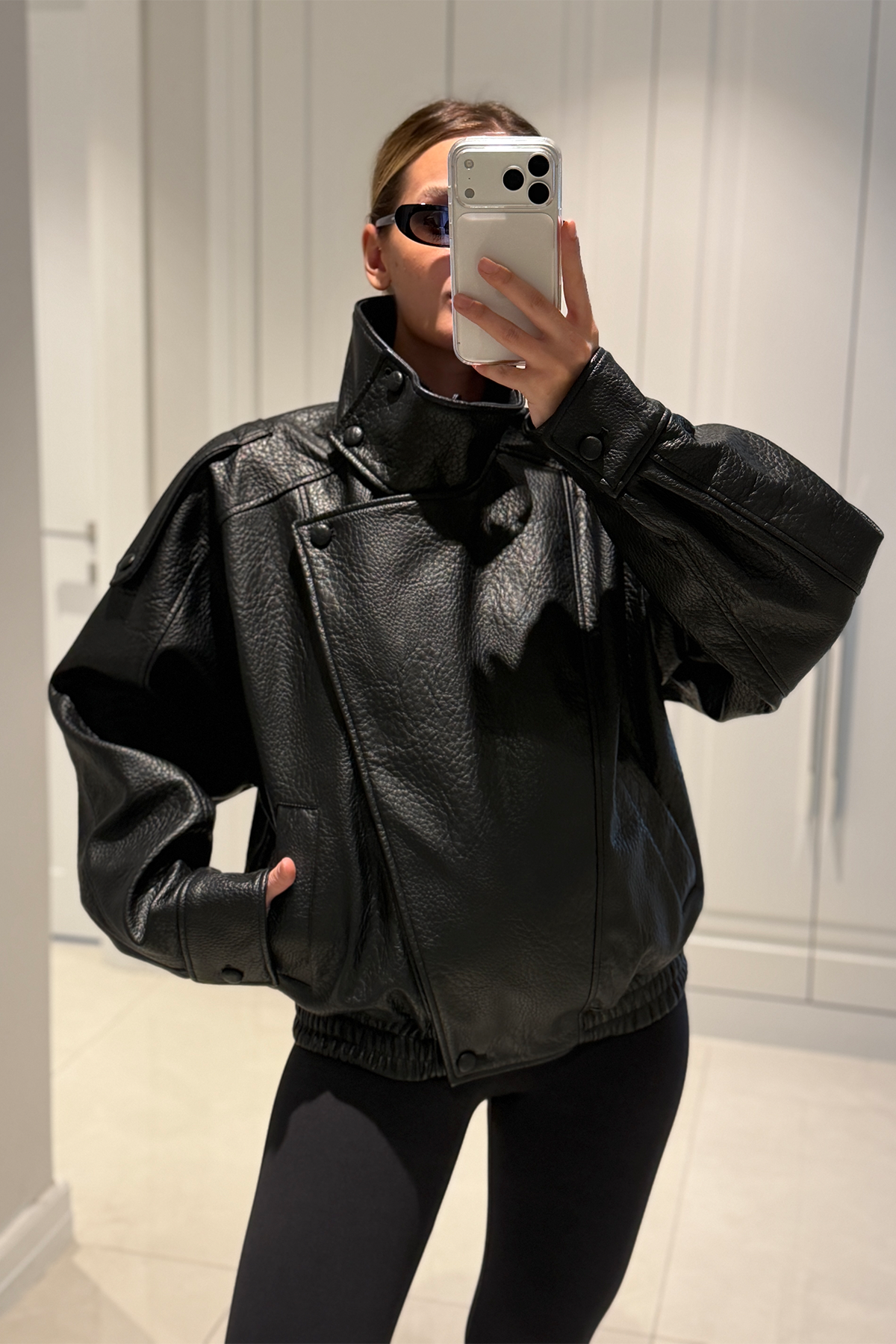 YSL Viral Oversize Dik Yaka Siyah Deri Ceket