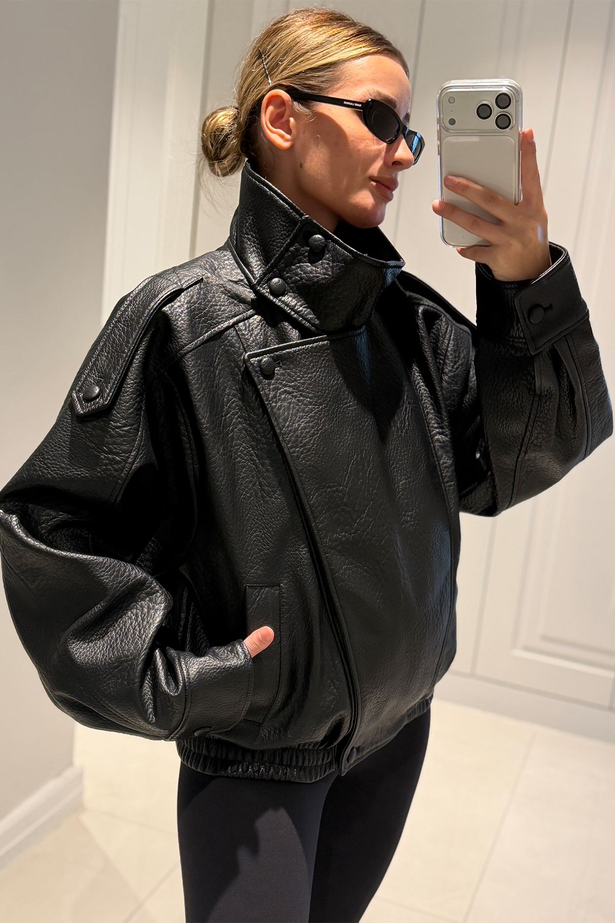 YSL Viral Oversize Dik Yaka Siyah Deri Ceket