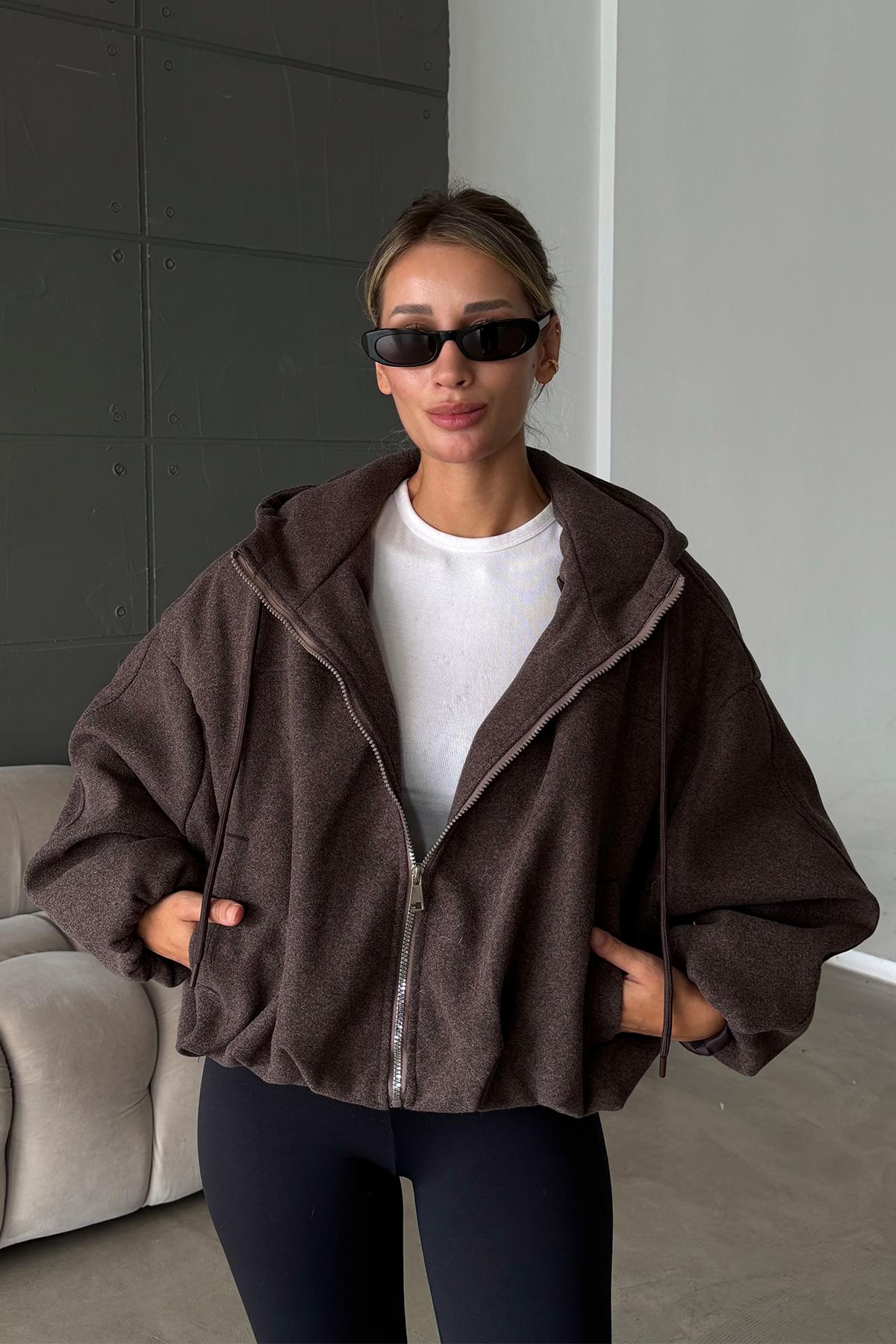 Pamela ZR Model Kapüşonlu Brown Bomber Kalıp Kaşe Kaban