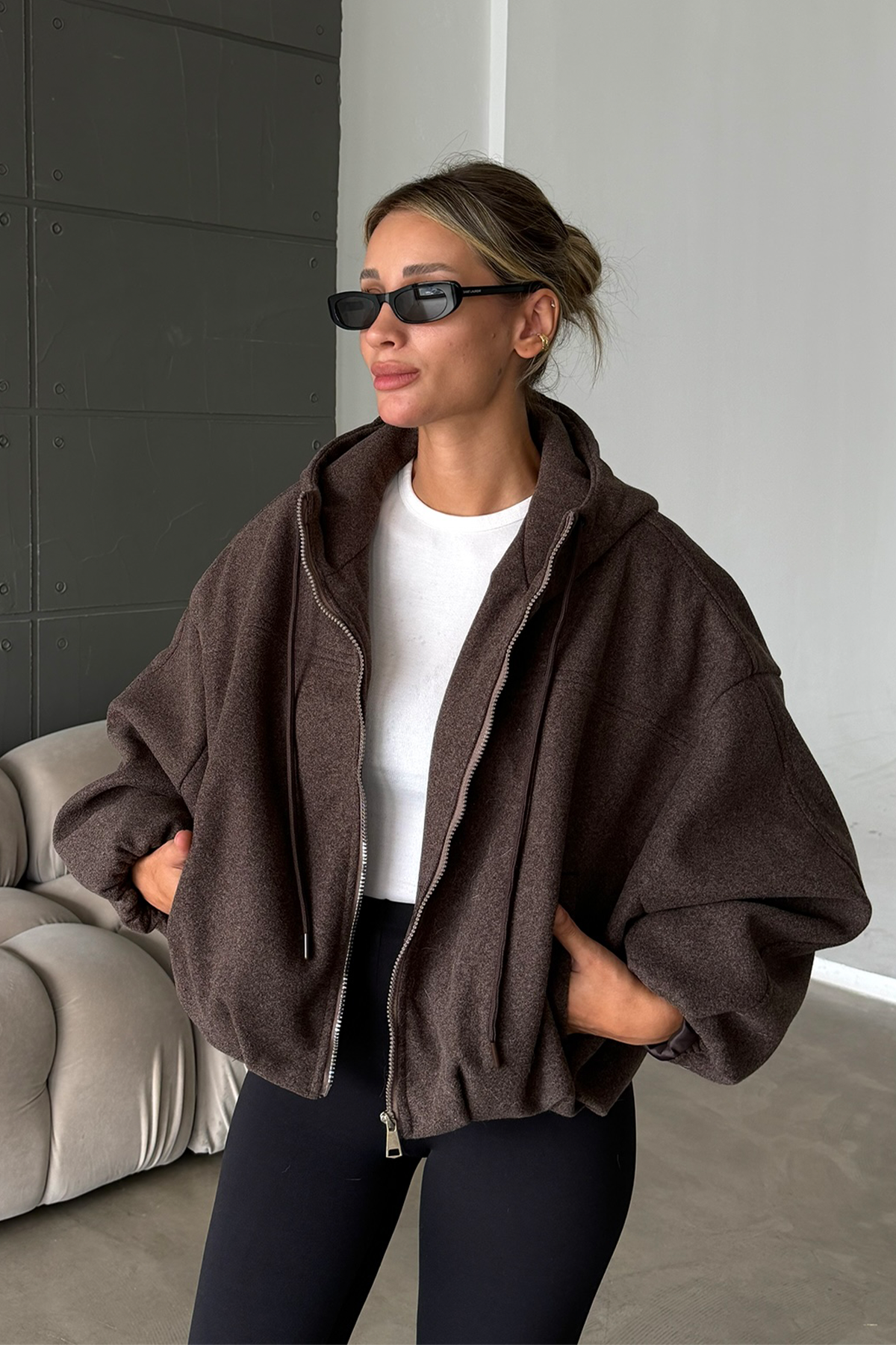 Pamela ZR Model Kapüşonlu Brown Bomber Kalıp Kaşe Kaban