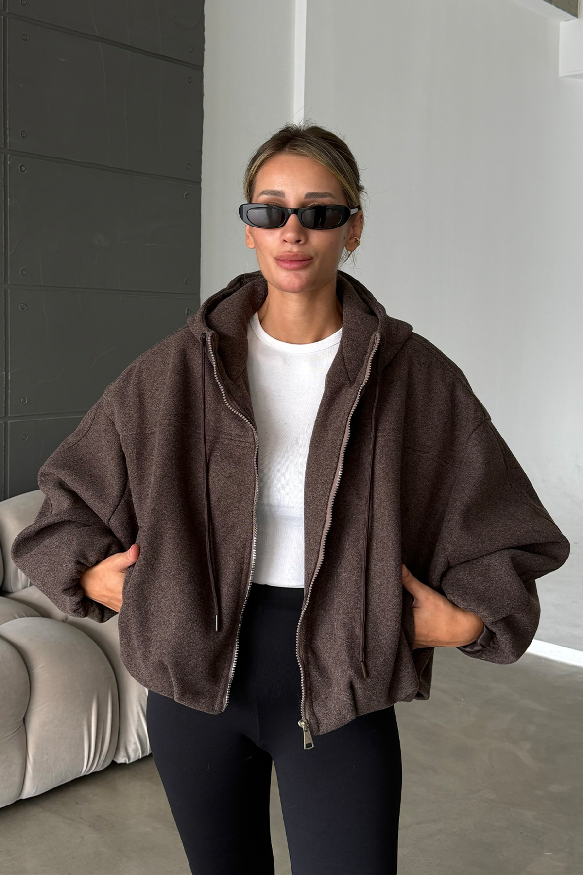 Pamela ZR Model Kapüşonlu Brown Bomber Kalıp Kaşe Kaban