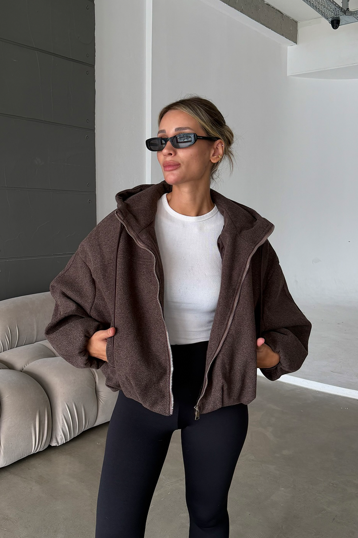 Pamela ZR Model Kapüşonlu Brown Bomber Kalıp Kaşe Kaban