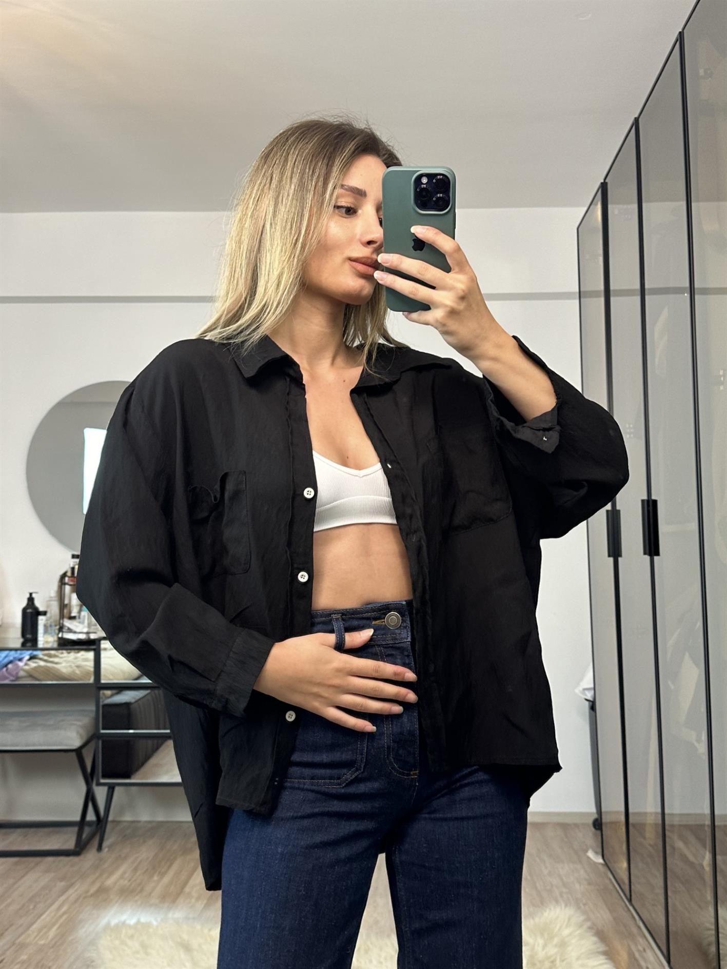 Alberta Siyah Çift Cepli Oversize Gömlek