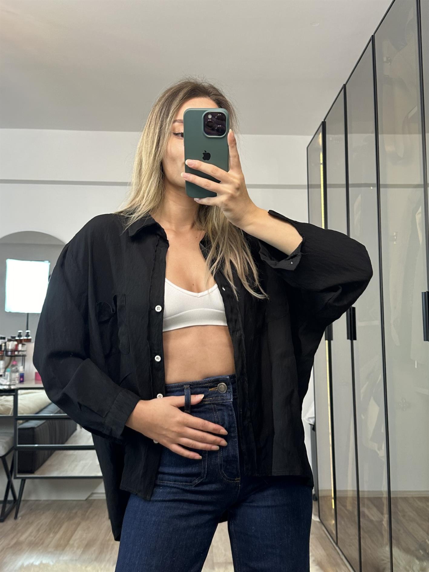 Alberta Siyah Çift Cepli Oversize Gömlek