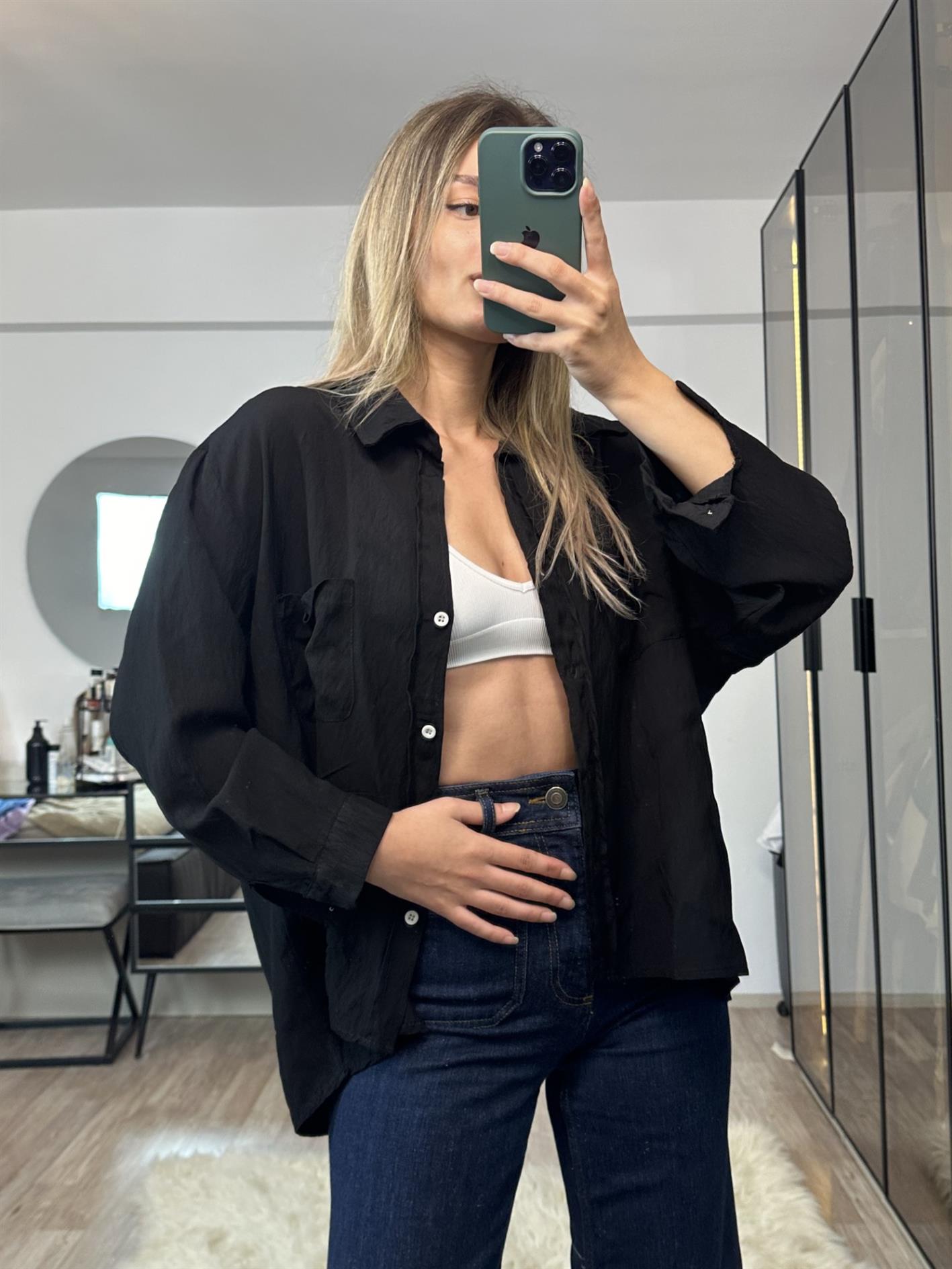 Alberta Siyah Çift Cepli Oversize Gömlek