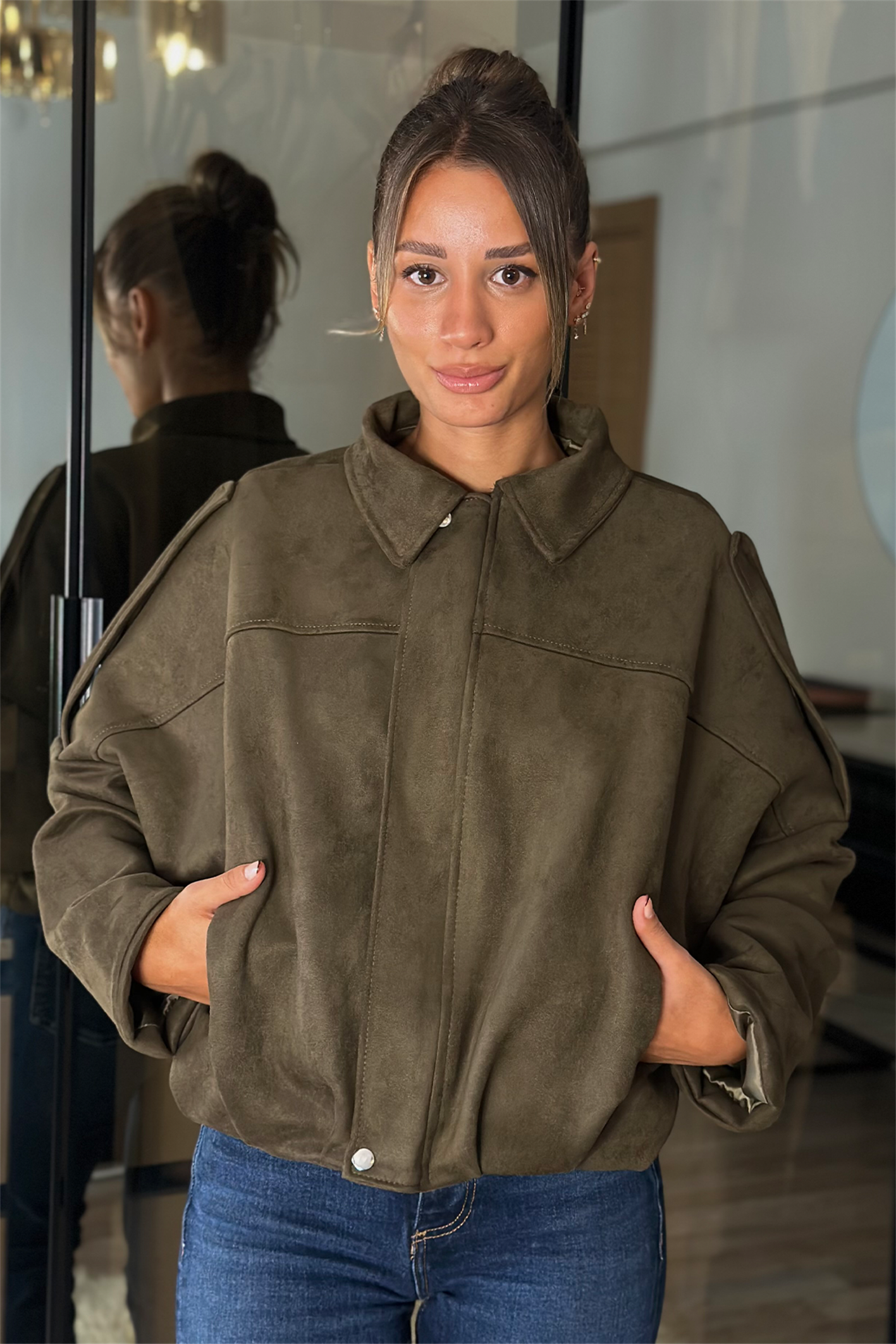 Alice Oversize Haki Bomber Viral Süet Ceket