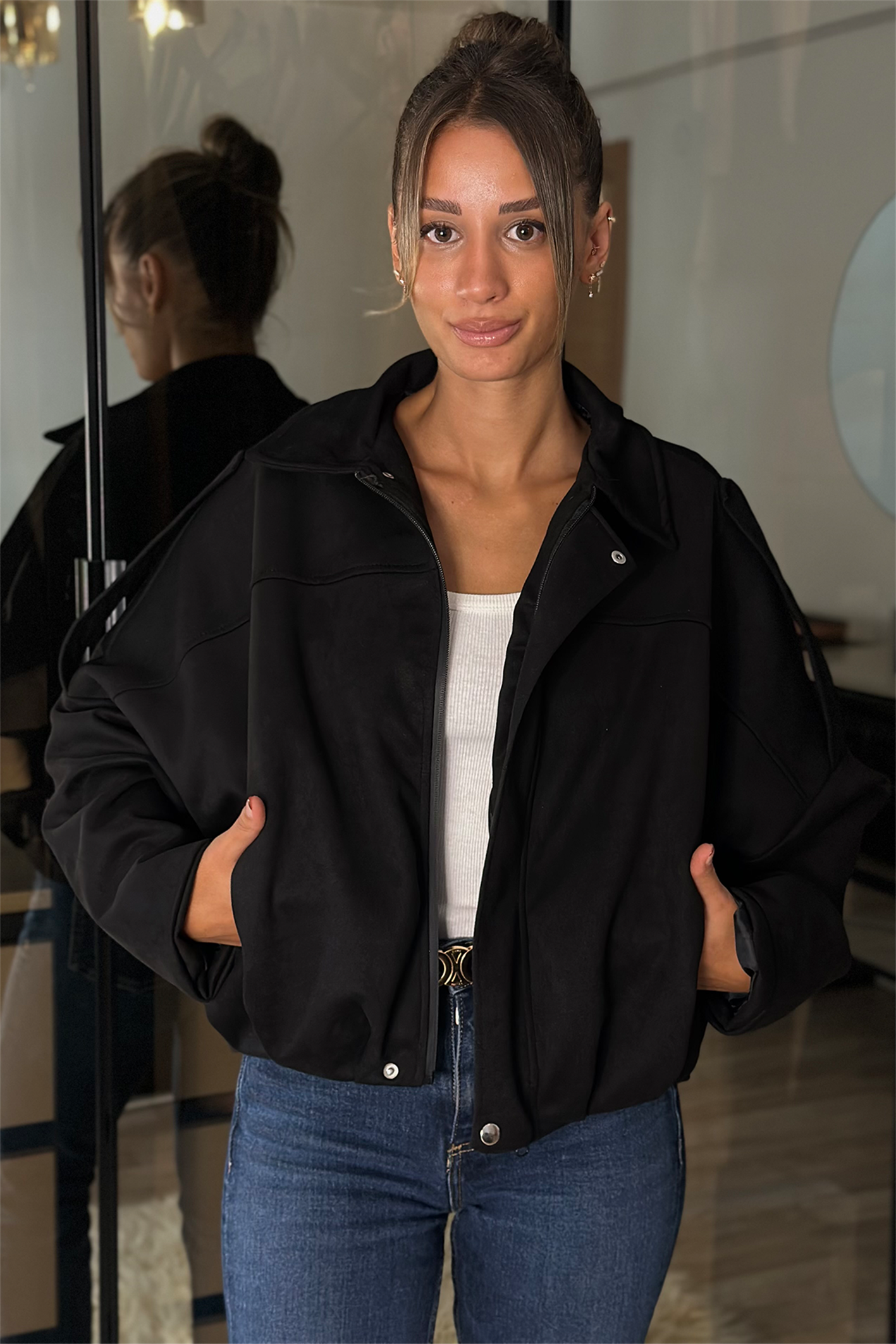 Alice Oversize Siyah Bomber Viral Süet Ceket