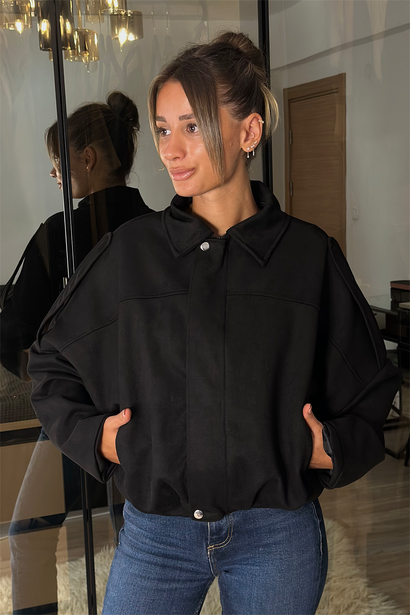 Alice Oversize Siyah Bomber Viral Süet Ceket