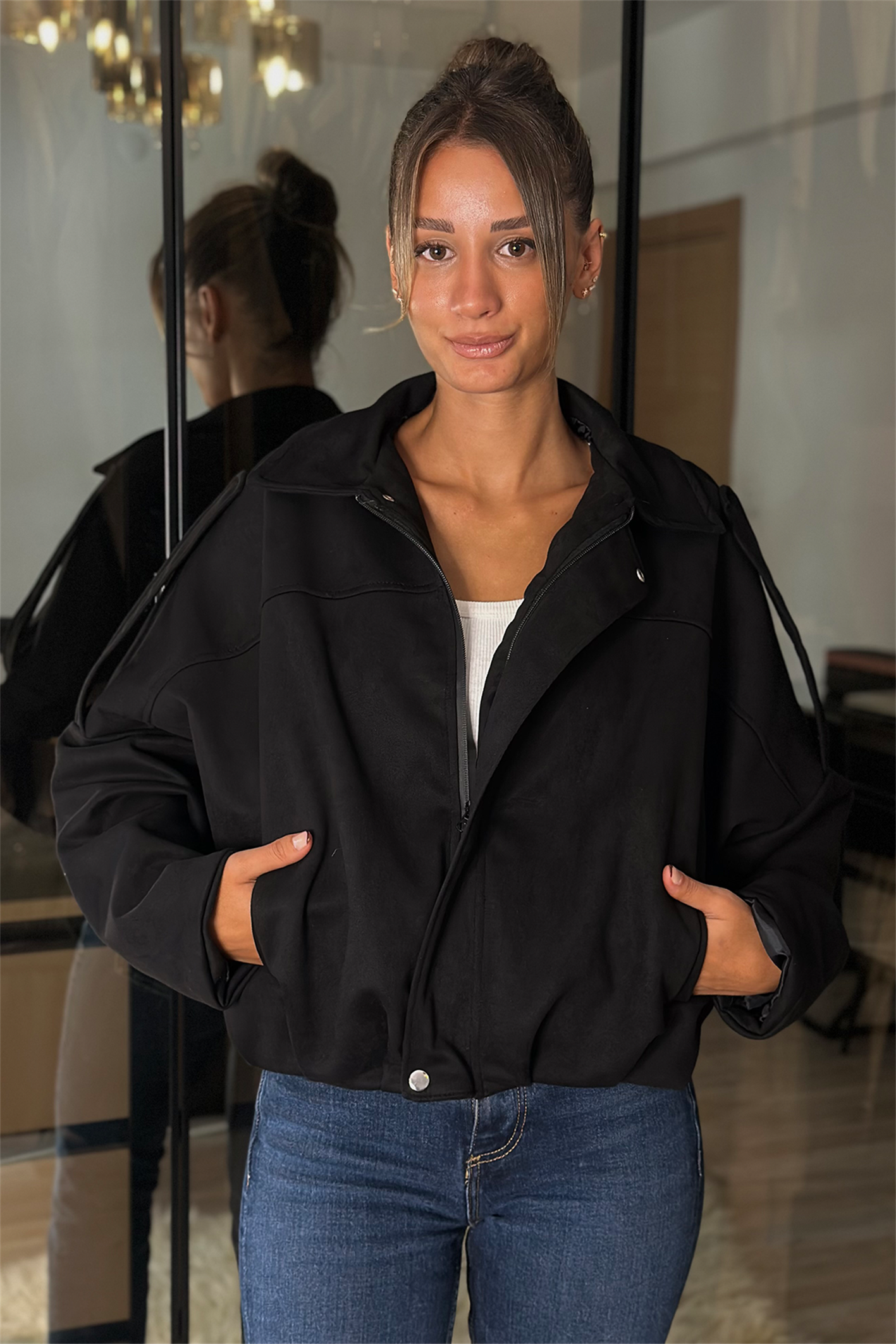 Alice Oversize Siyah Bomber Viral Süet Ceket