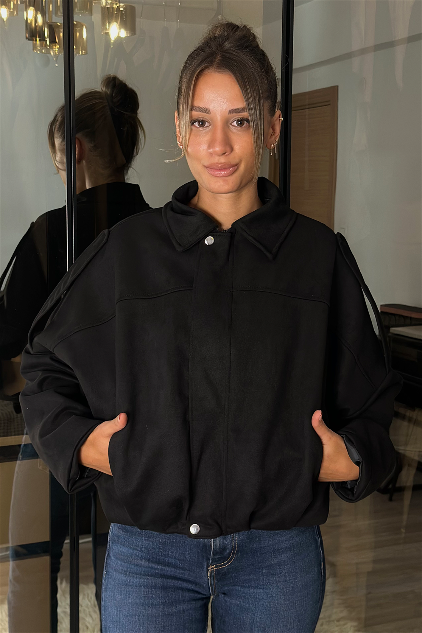 Alice Oversize Siyah Bomber Viral Süet Ceket