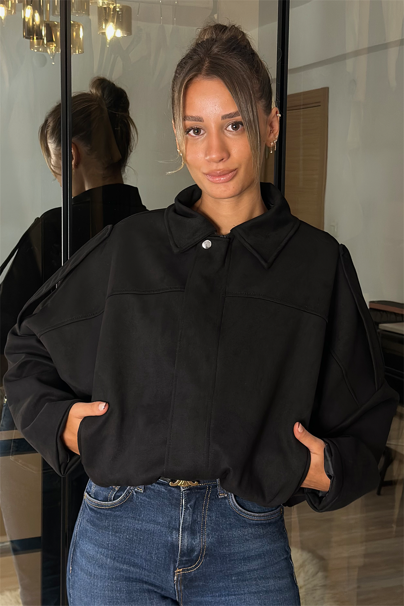 Alice Oversize Siyah Bomber Viral Süet Ceket