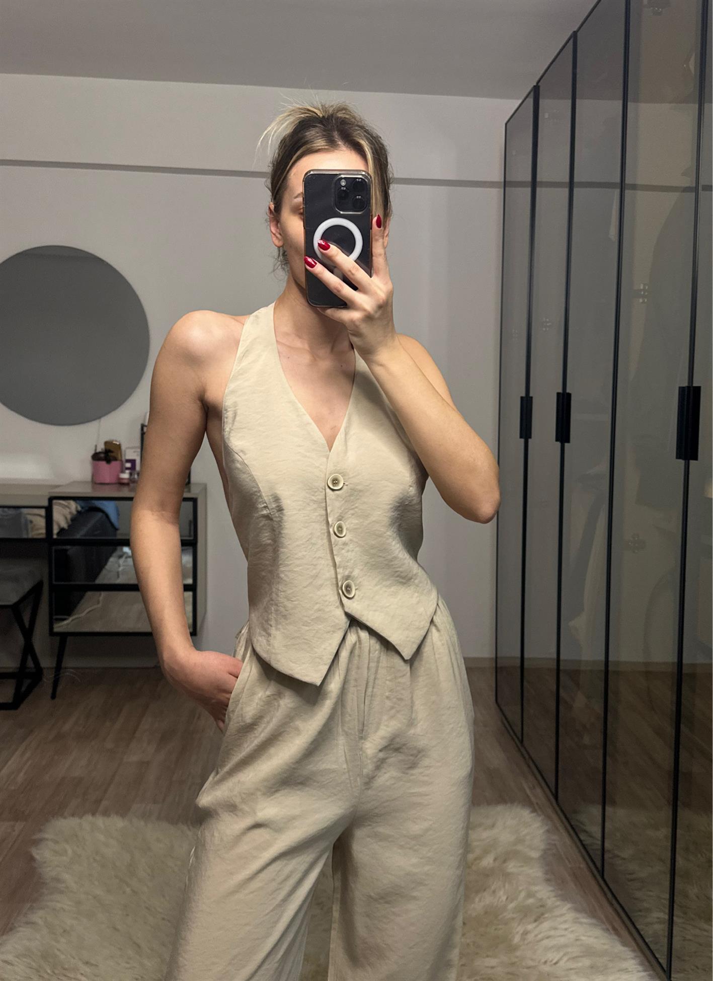 Alya Bej Tensel Yelek Pantolon Takım
