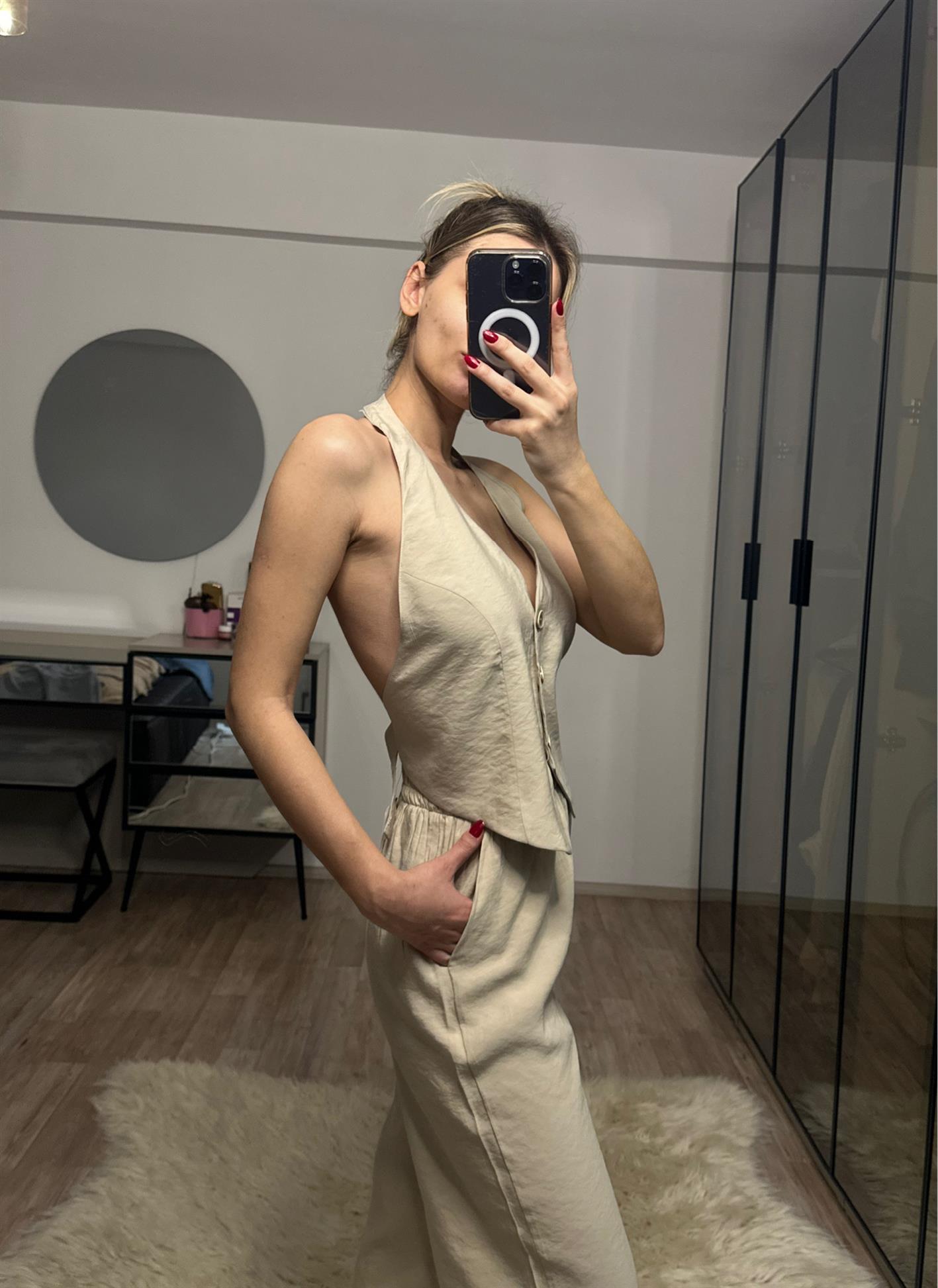 Alya Bej Tensel Yelek Pantolon Takım