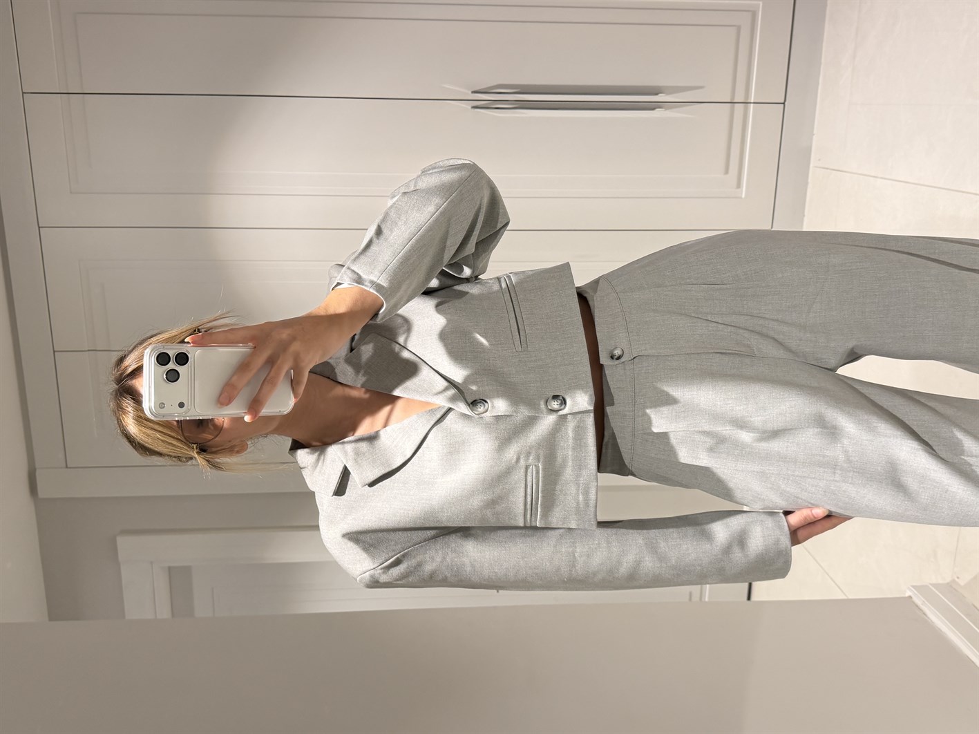 Anna Gri Vatkalı Blazer Ceket Takım