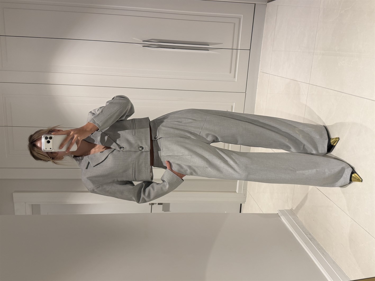 Anna Gri Vatkalı Blazer Ceket Takım