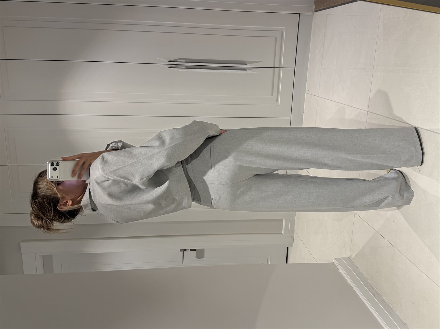 Anna Gri Vatkalı Blazer Ceket Takım