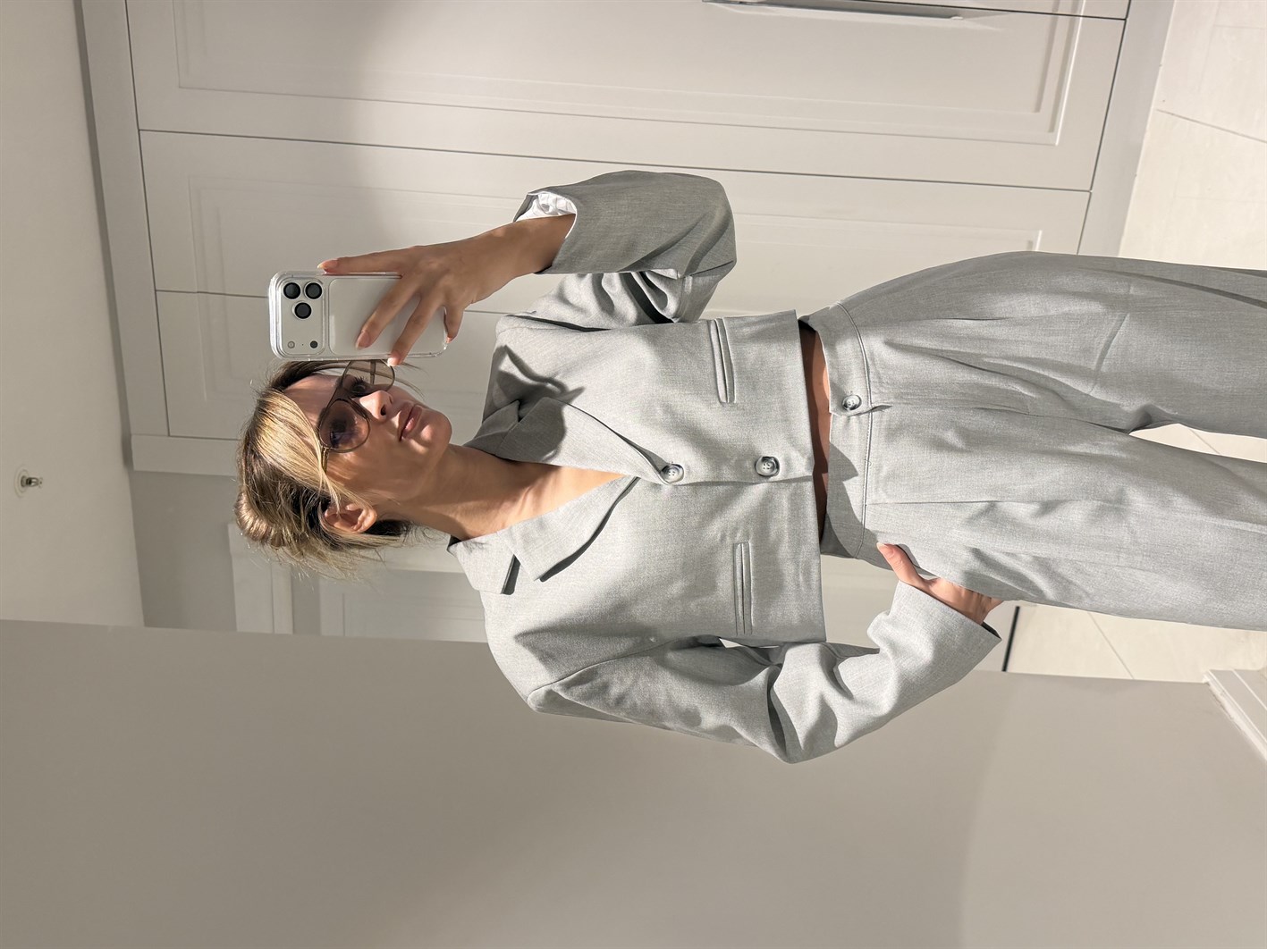 Anna Gri Vatkalı Blazer Ceket Takım