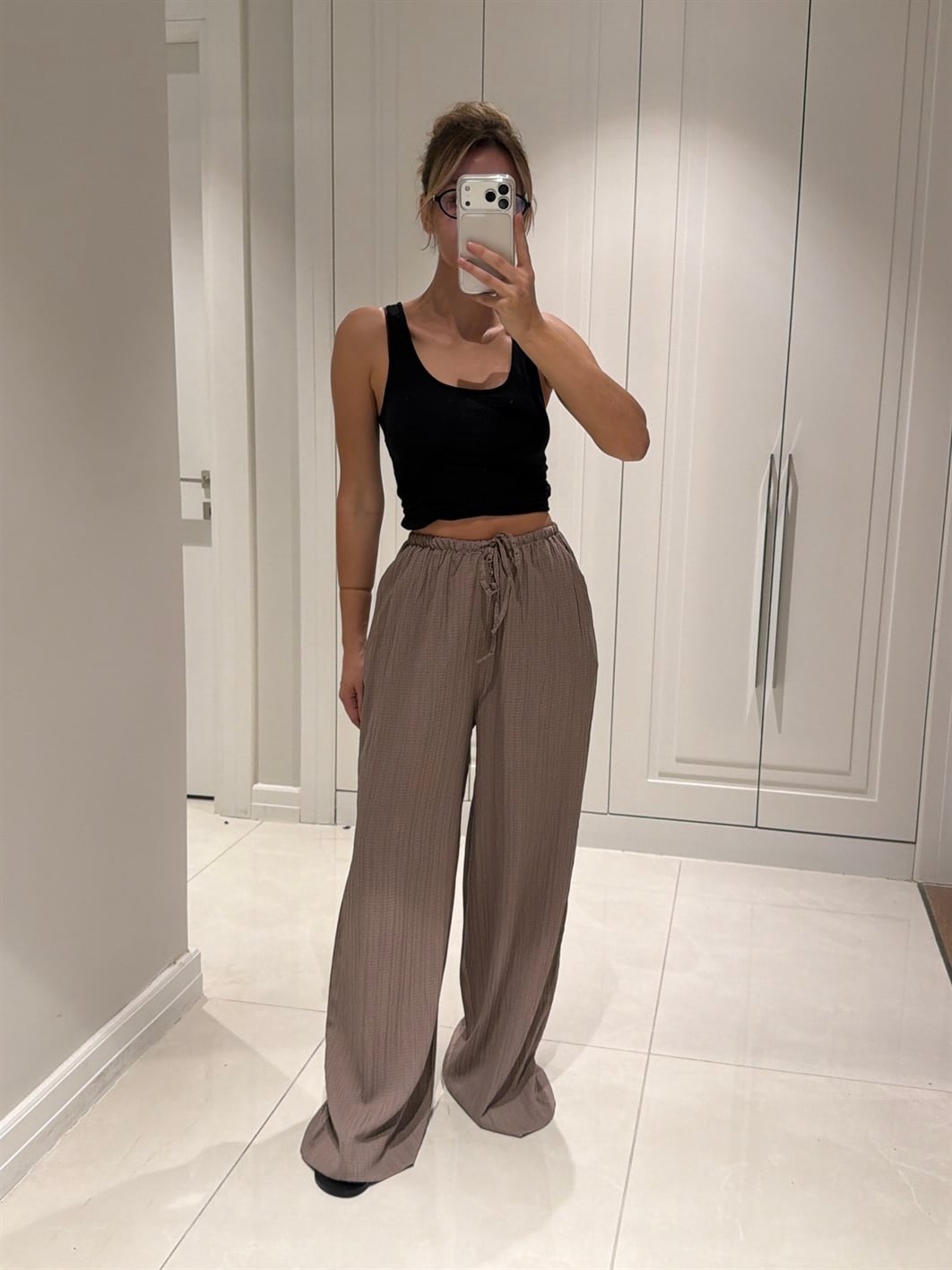 Aria Mürdüm Beli Lastikli Gofre Pantolon