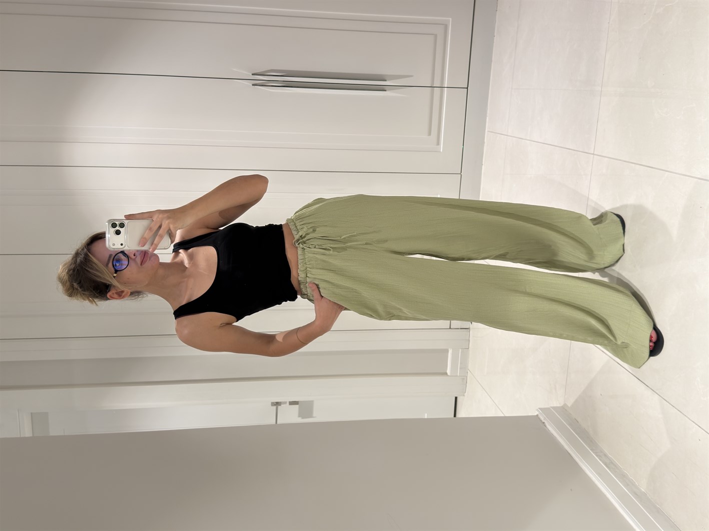 Aria Yeşil Beli Lastikli Gofre Pantolon