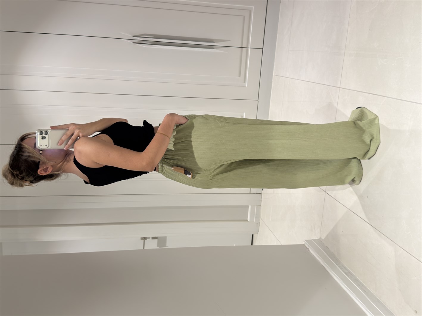 Aria Yeşil Beli Lastikli Gofre Pantolon
