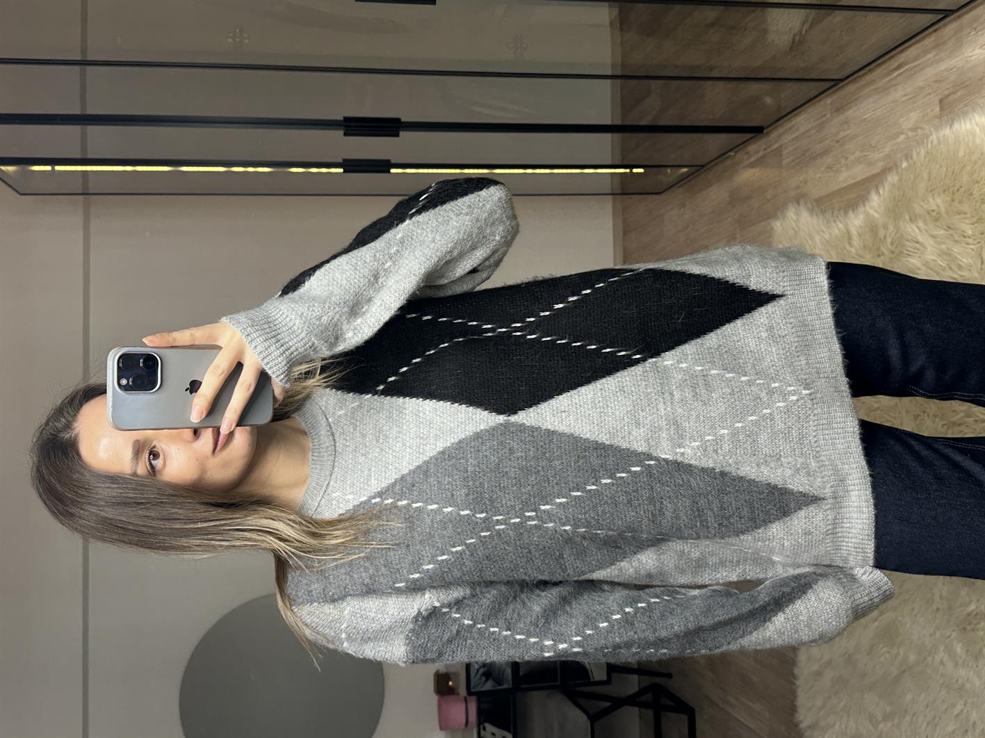 Baklava Desenli Oversize Kazak