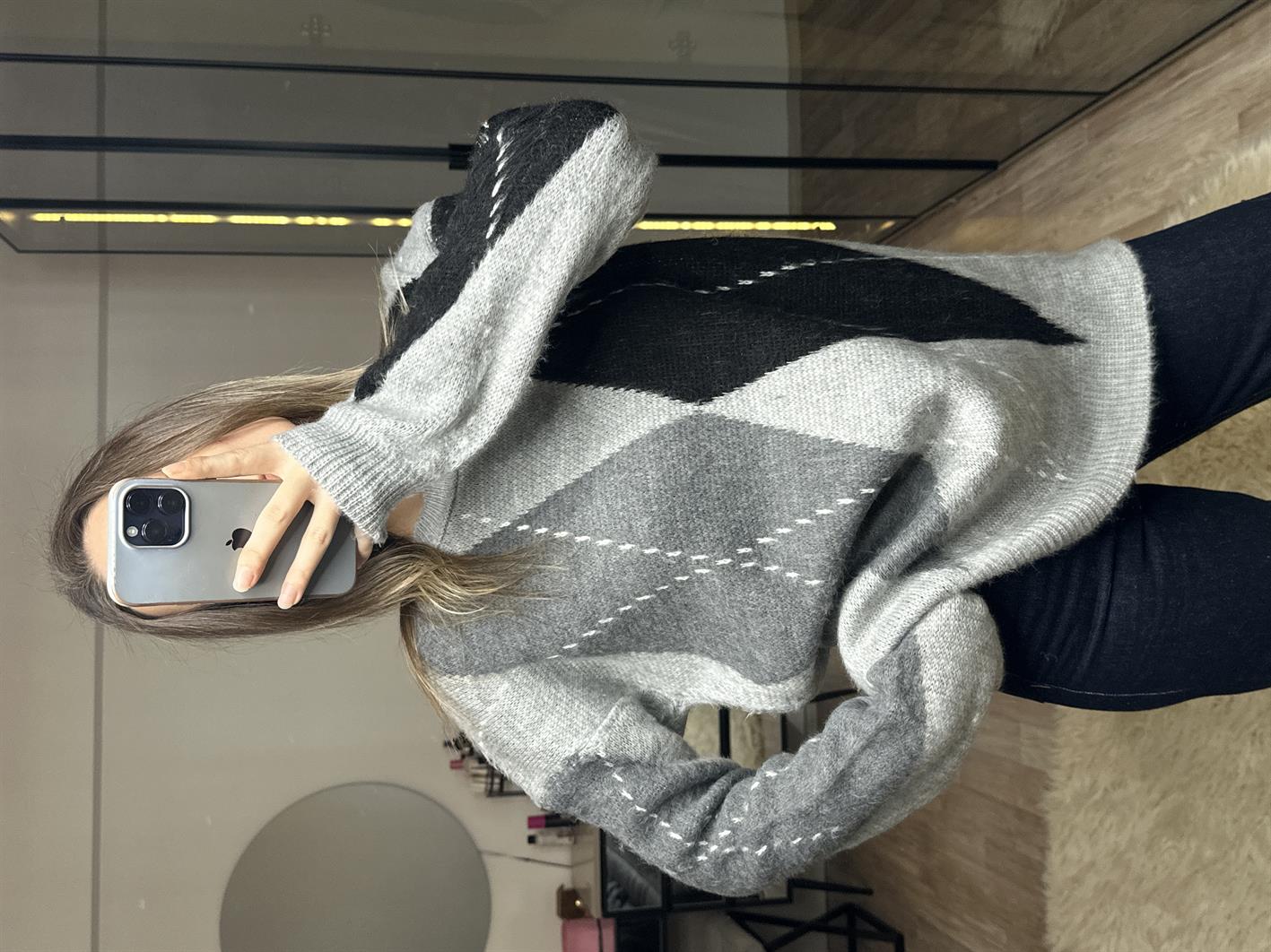 Baklava Desenli Oversize Kazak