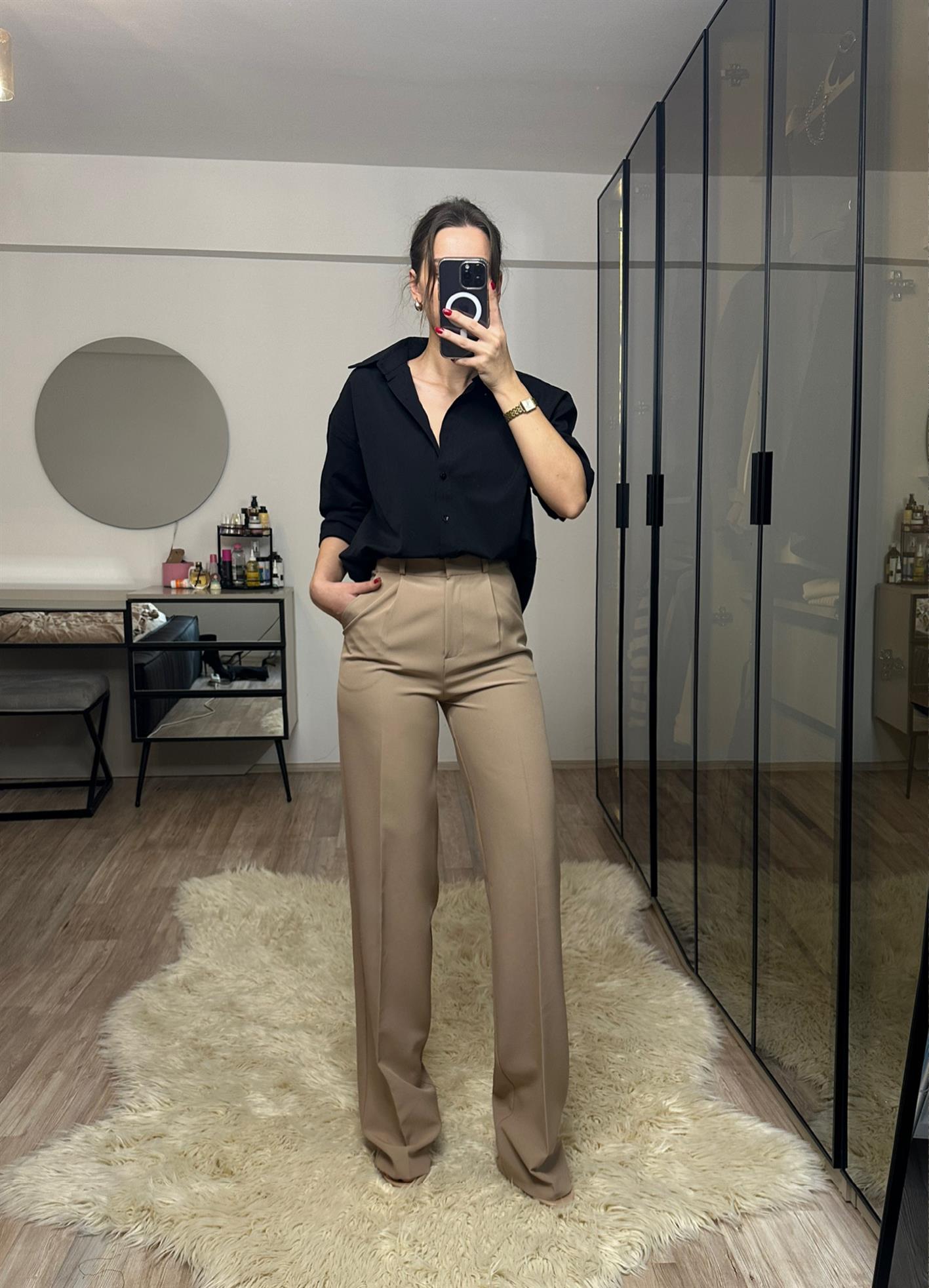 Bej Yüksek Bel Palazzo Pantolon