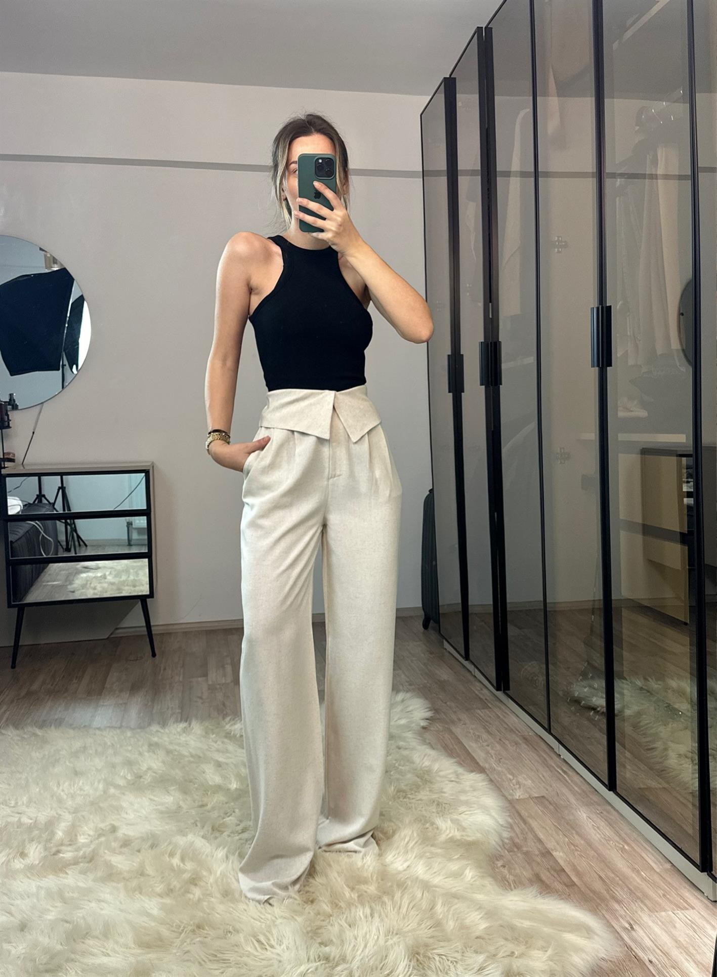 Belinda Bej %100 Ham Keten Kemer Detaylı Pantolon