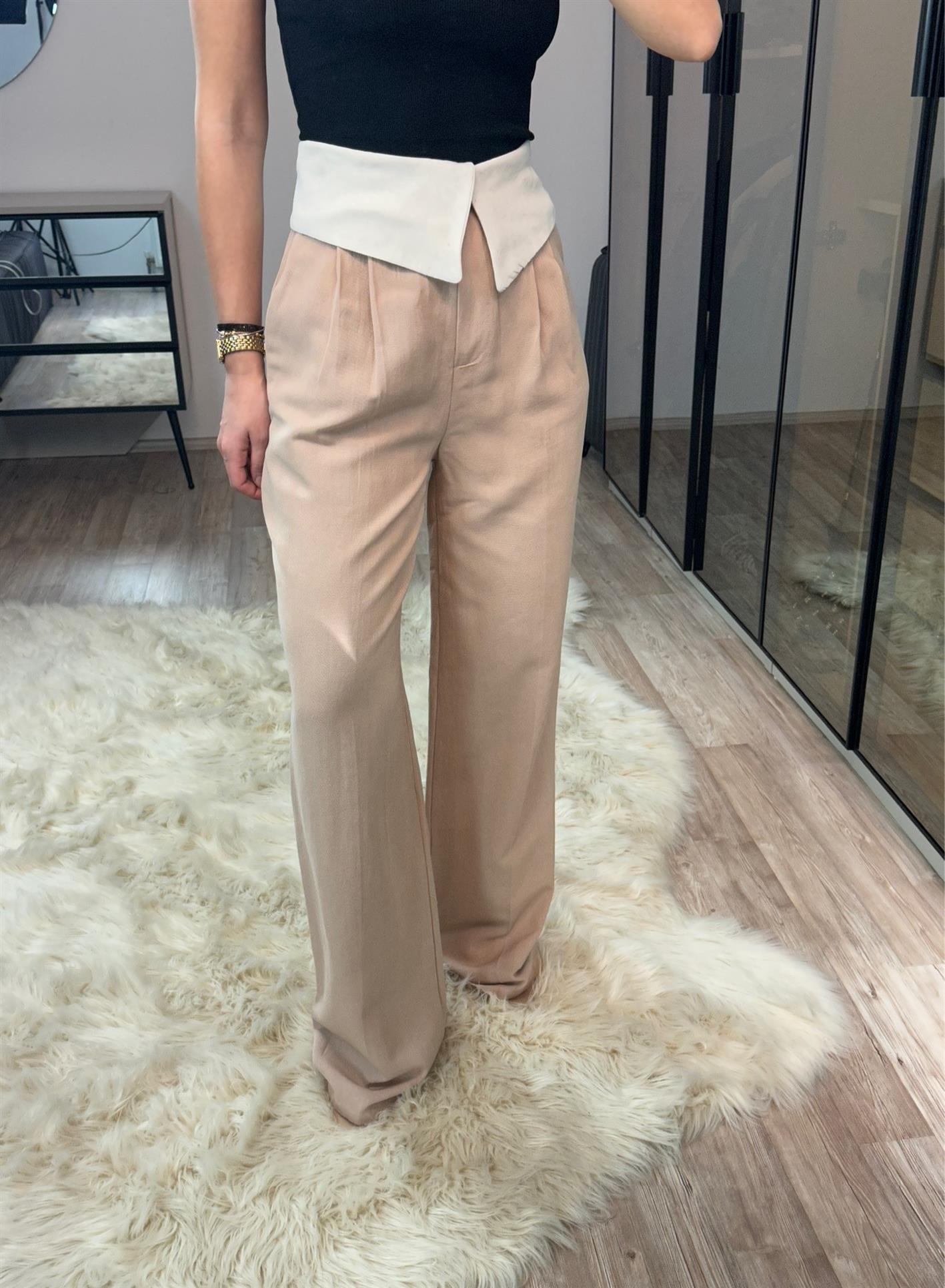 Belinda Pudra %100 Ham Keten Kemer Detaylı Pantolon