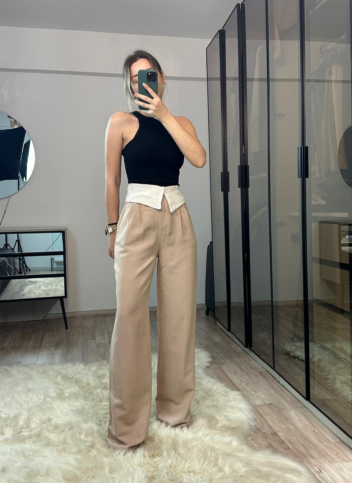 Belinda Pudra %100 Ham Keten Kemer Detaylı Pantolon