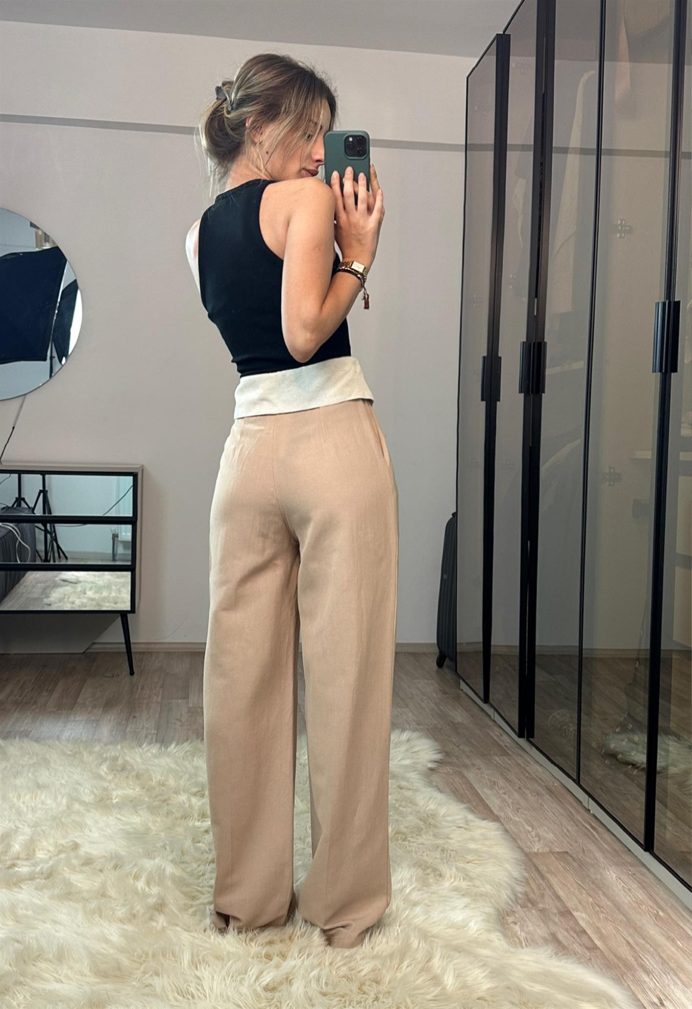 Belinda Pudra %100 Ham Keten Kemer Detaylı Pantolon